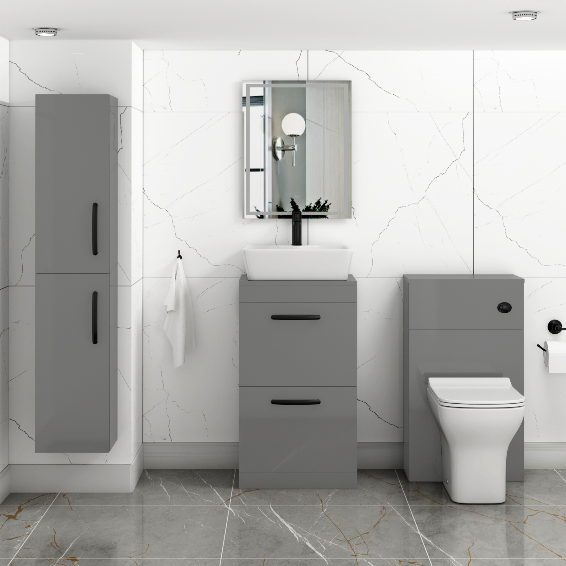 500mm Floor Standing Vanity Unit 2 Drawer Indigo Grey Gloss & Countertop Basin - Cube with Matt Black Handle