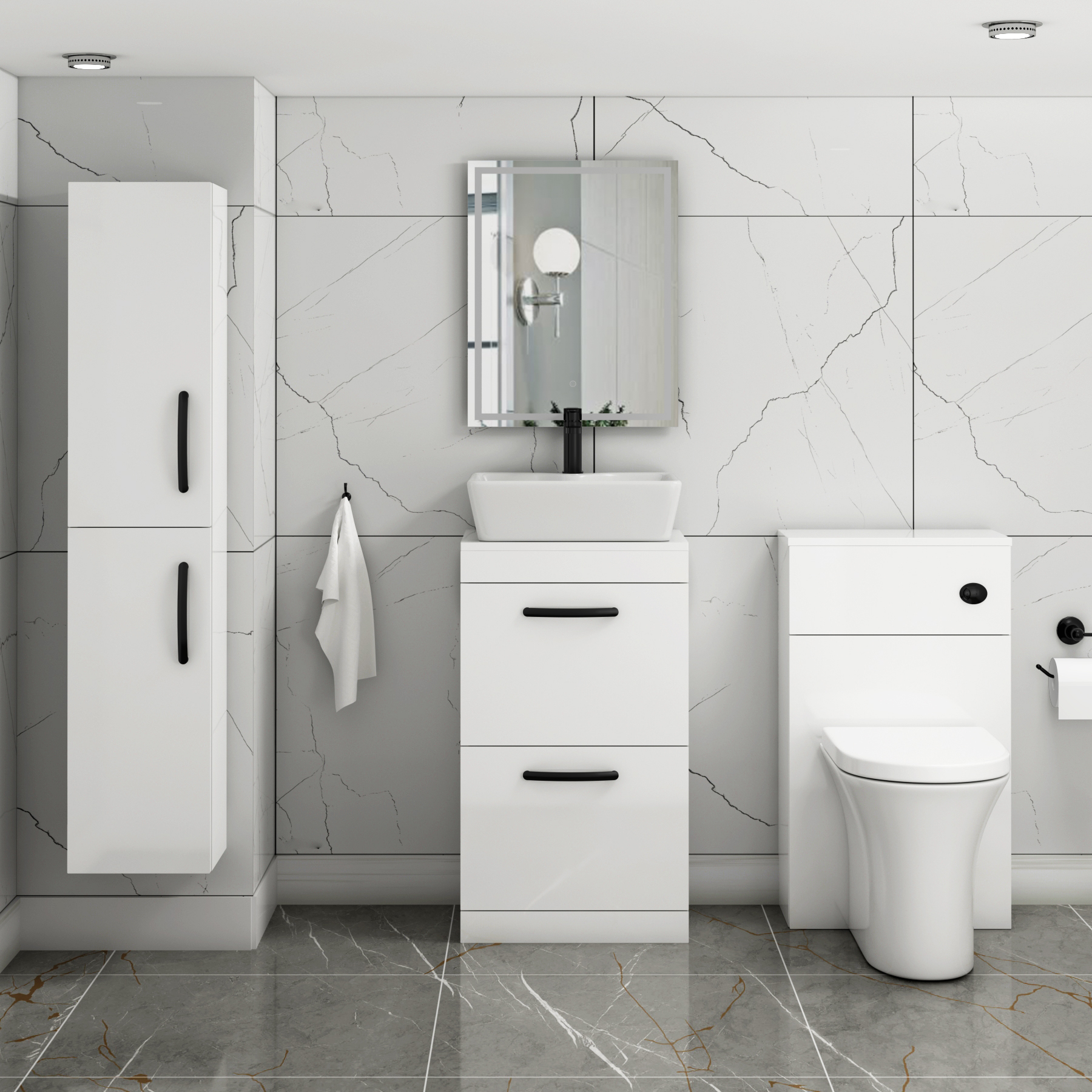 500mm Floor Standing Vanity Unit 2 Drawer Gloss White & Countertop Basin - Cube with Matt Black Handle