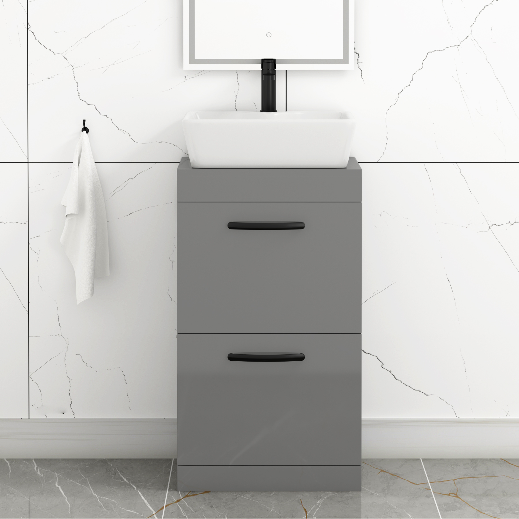 500mm Floor Standing Vanity Unit 2 Drawer Indigo Grey Gloss & Countertop Basin - Cube with Matt Black Handle