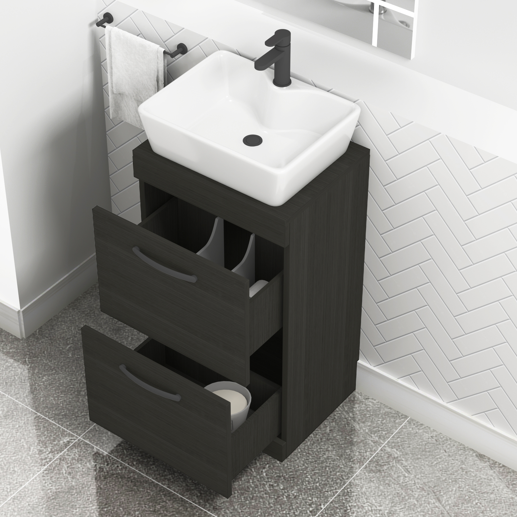 500mm Floor Standing Vanity Unit 2 Drawer Hale Black & Countertop Basin - Cube with Matt Black Handle