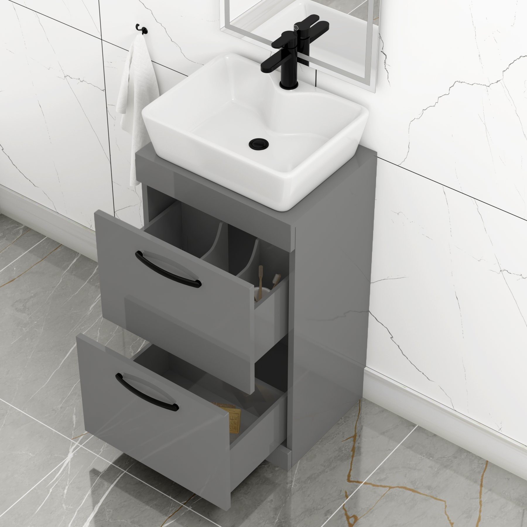 500mm Floor Standing Vanity Unit 2 Drawer Indigo Grey Gloss & Countertop Basin - Cube with Matt Black Handle