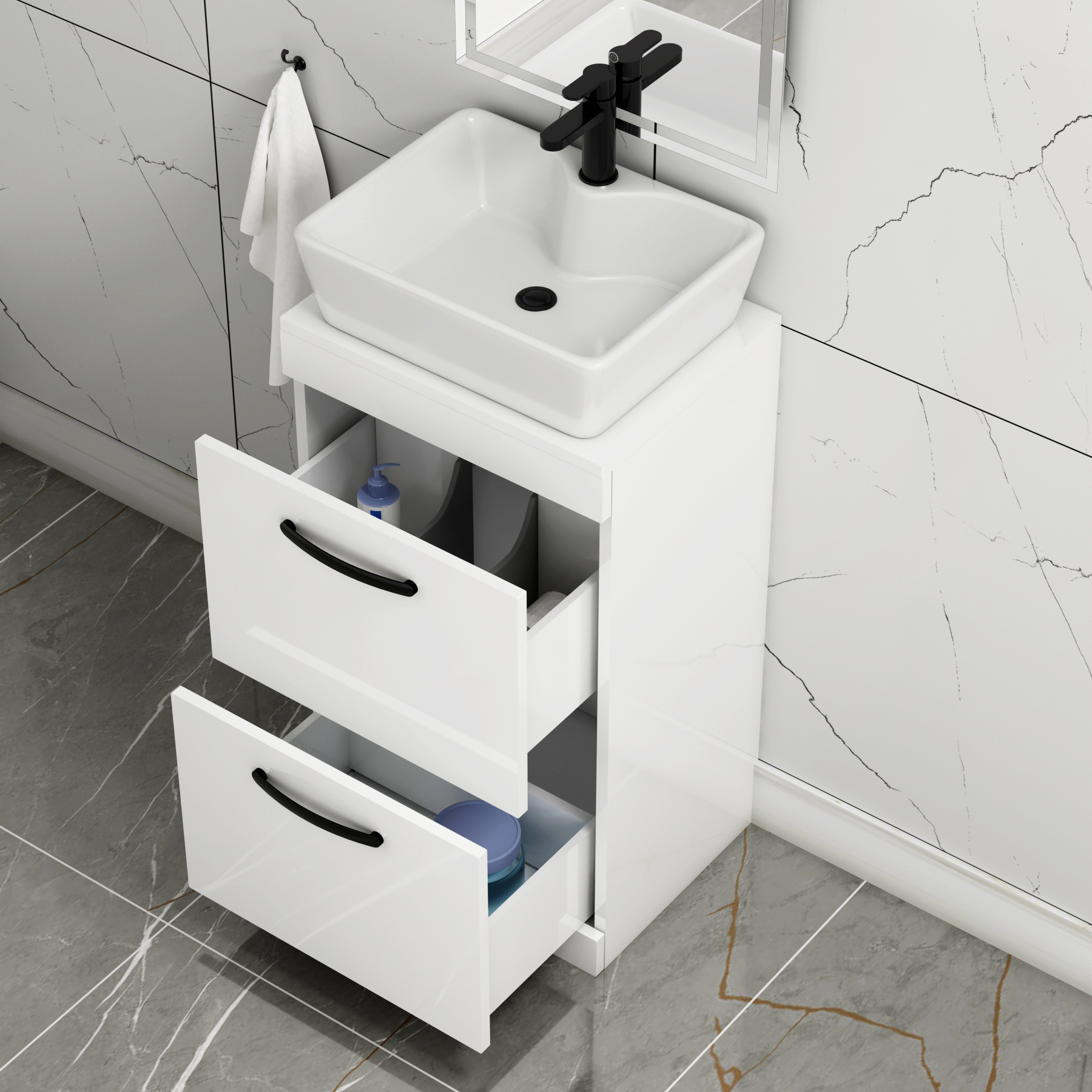 500mm Floor Standing Vanity Unit 2 Drawer Gloss White & Countertop Basin - Cube with Matt Black Handle