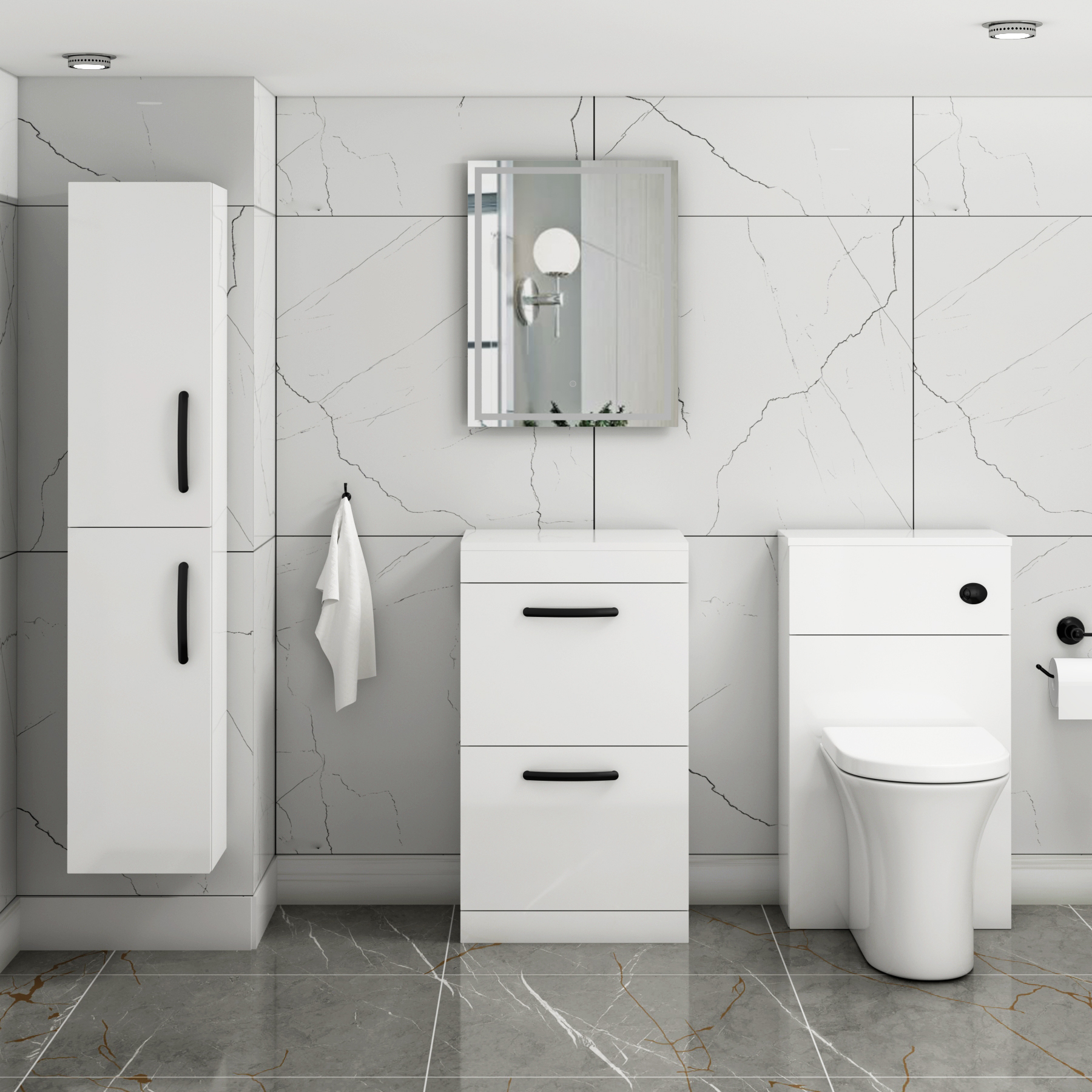  Turin 500mm Gloss White Floor Standing Worktop Vanity Unit - 2 Drawer with Matt Black Handle