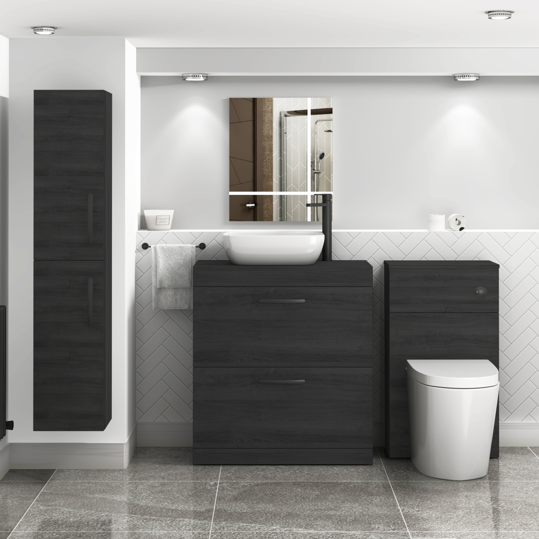 800mm Floor Standing Vanity Unit 2 Drawer Hale Black & Countertop Basin - Elva with Matt Black Handle