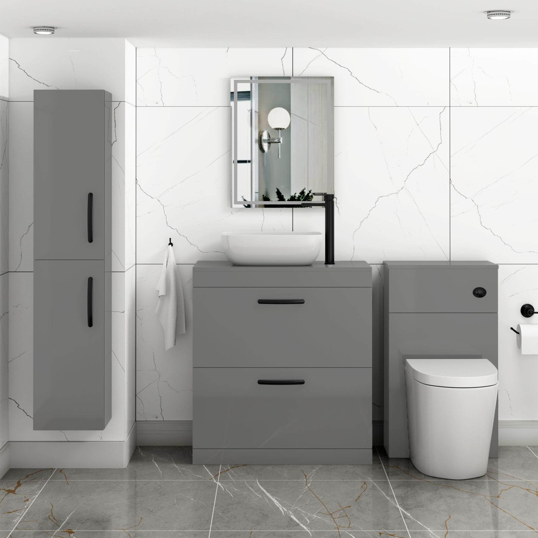 800mm Floor Standing Vanity Unit 2 Drawer Indigo Grey Gloss & Countertop Basin - Elva with Matt Black Handle