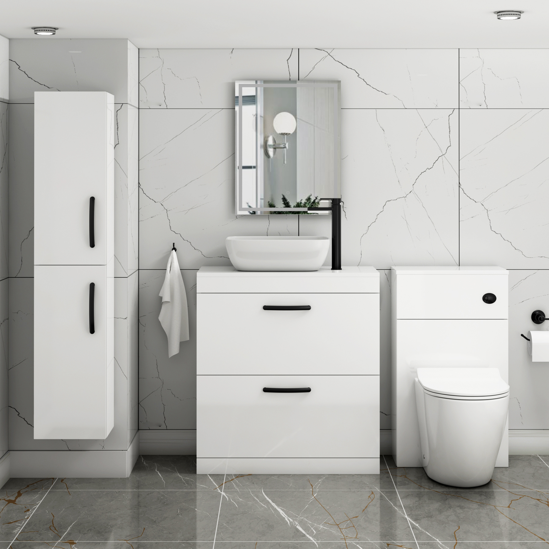 800mm Floor Standing Vanity Unit 2 Drawer Gloss White & Countertop Basin - Elva with Matt Black Handle