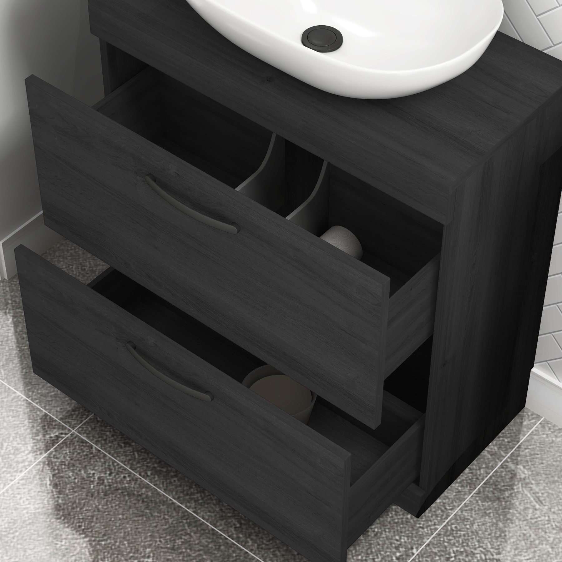 800mm Floor Standing Vanity Unit 2 Drawer Hale Black & Countertop Basin - Elva with Matt Black Handle