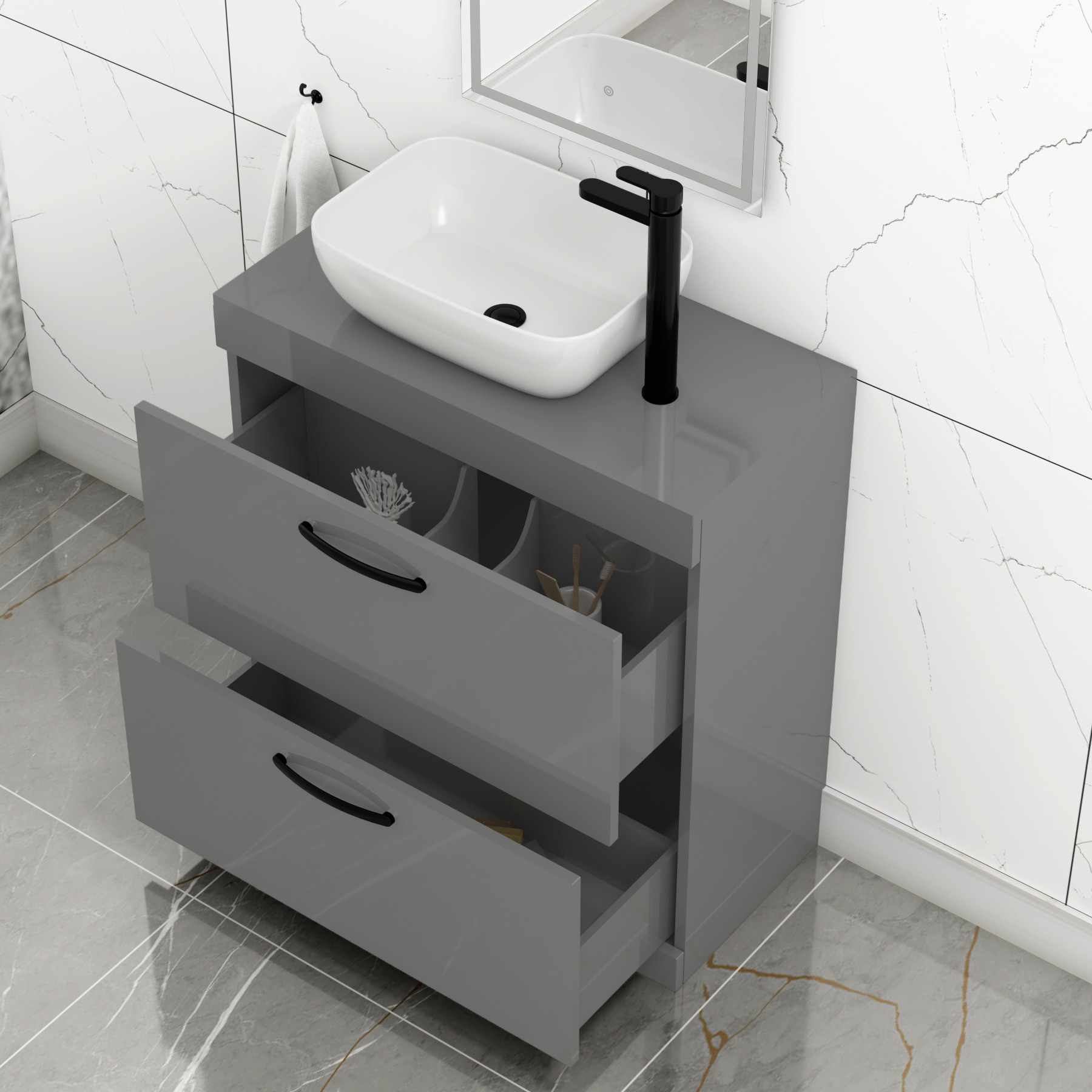 800mm Floor Standing Vanity Unit 2 Drawer Indigo Grey Gloss & Countertop Basin - Elva with Matt Black Handle