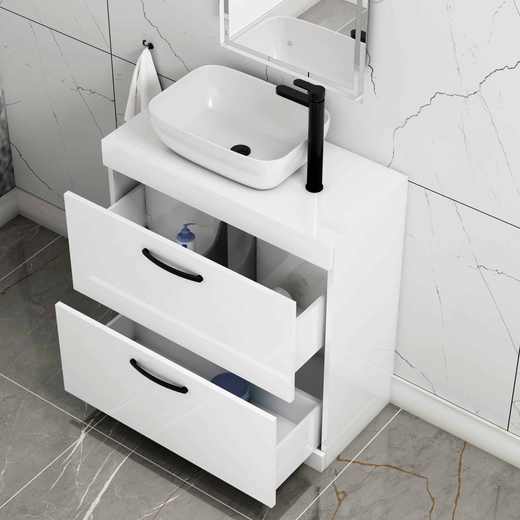 800mm Floor Standing Vanity Unit 2 Drawer Gloss White & Countertop Basin - Elva with Matt Black Handle
