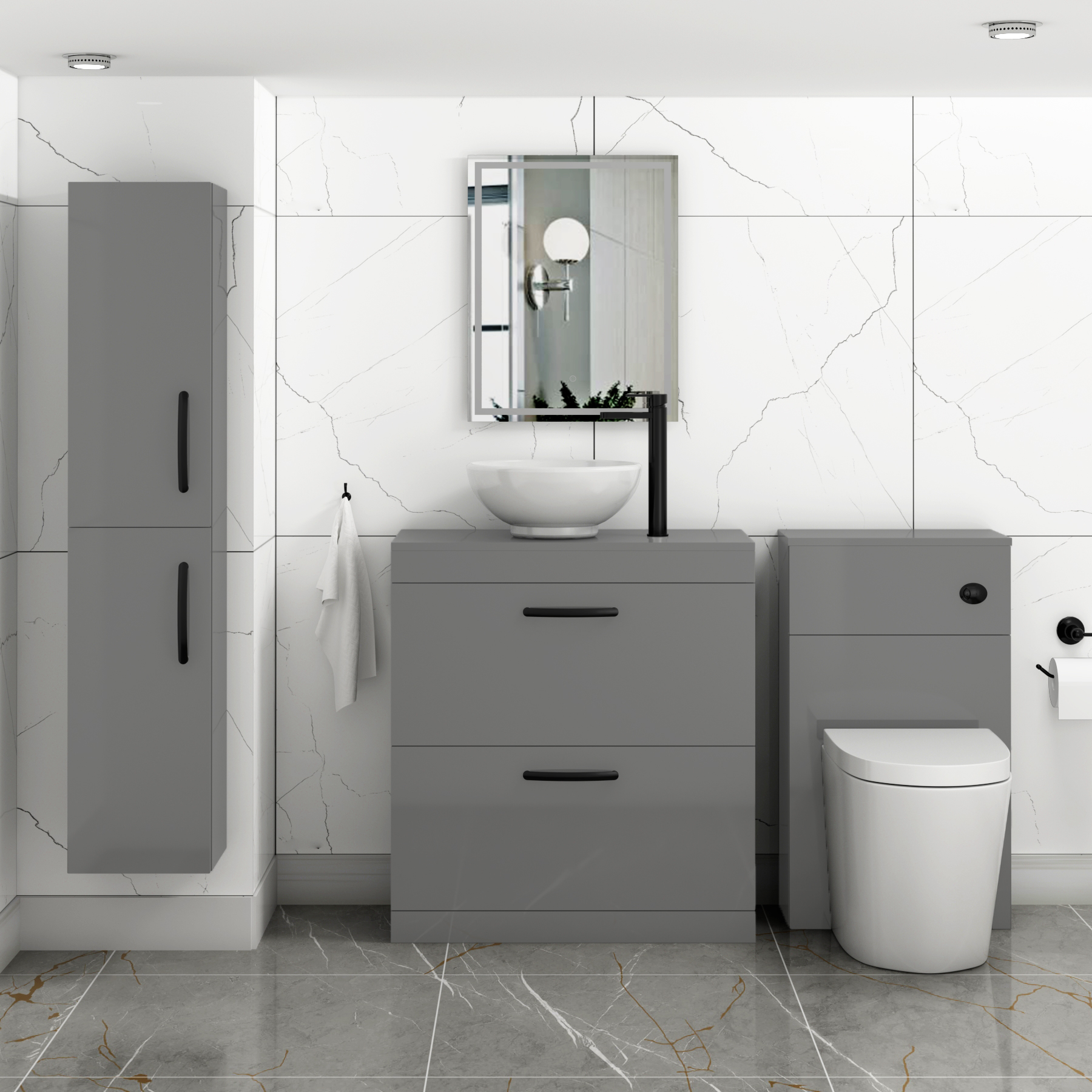 800mm Floor Standing Vanity Unit 2 Drawer Indigo Grey Gloss & Countertop Basin - Breeze with Matt Black Handle