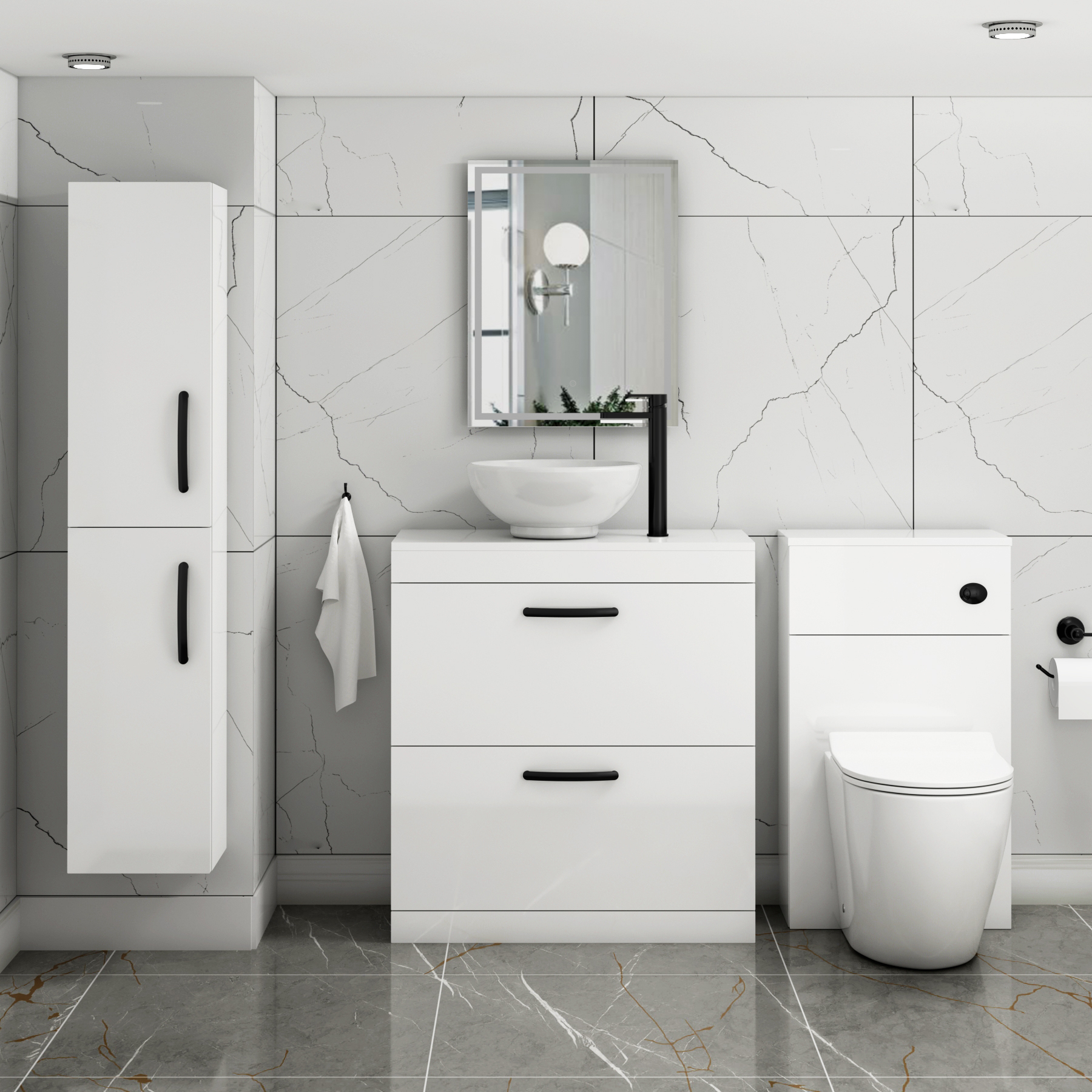 800mm Floor Standing Vanity Unit 2 Drawer Gloss White & Countertop Basin - Breeze with Matt Black Handle