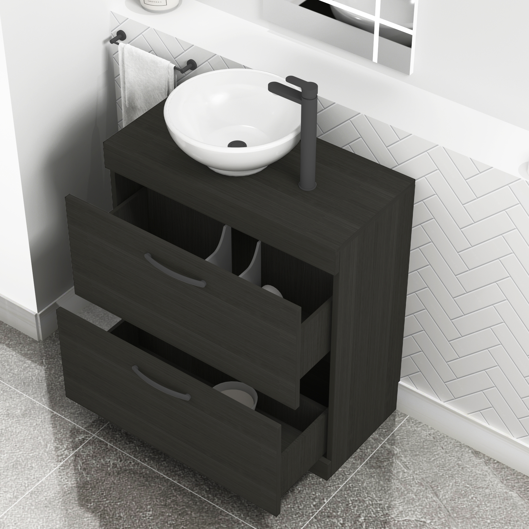 800mm Floor Standing Vanity Unit 2 Drawer Hale Black & Countertop Basin - Breeze with Matt Black Handle
