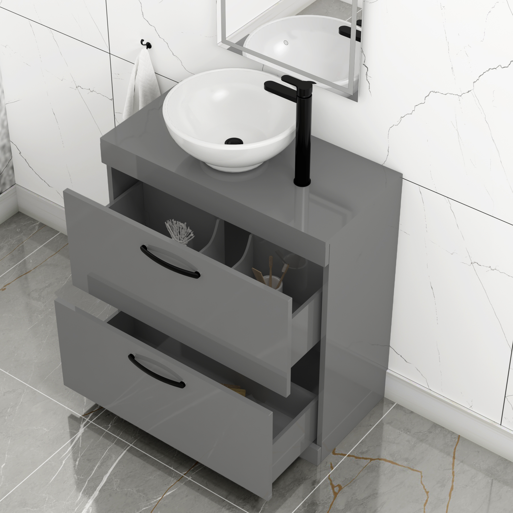 800mm Floor Standing Vanity Unit 2 Drawer Indigo Grey Gloss & Countertop Basin - Breeze with Matt Black Handle