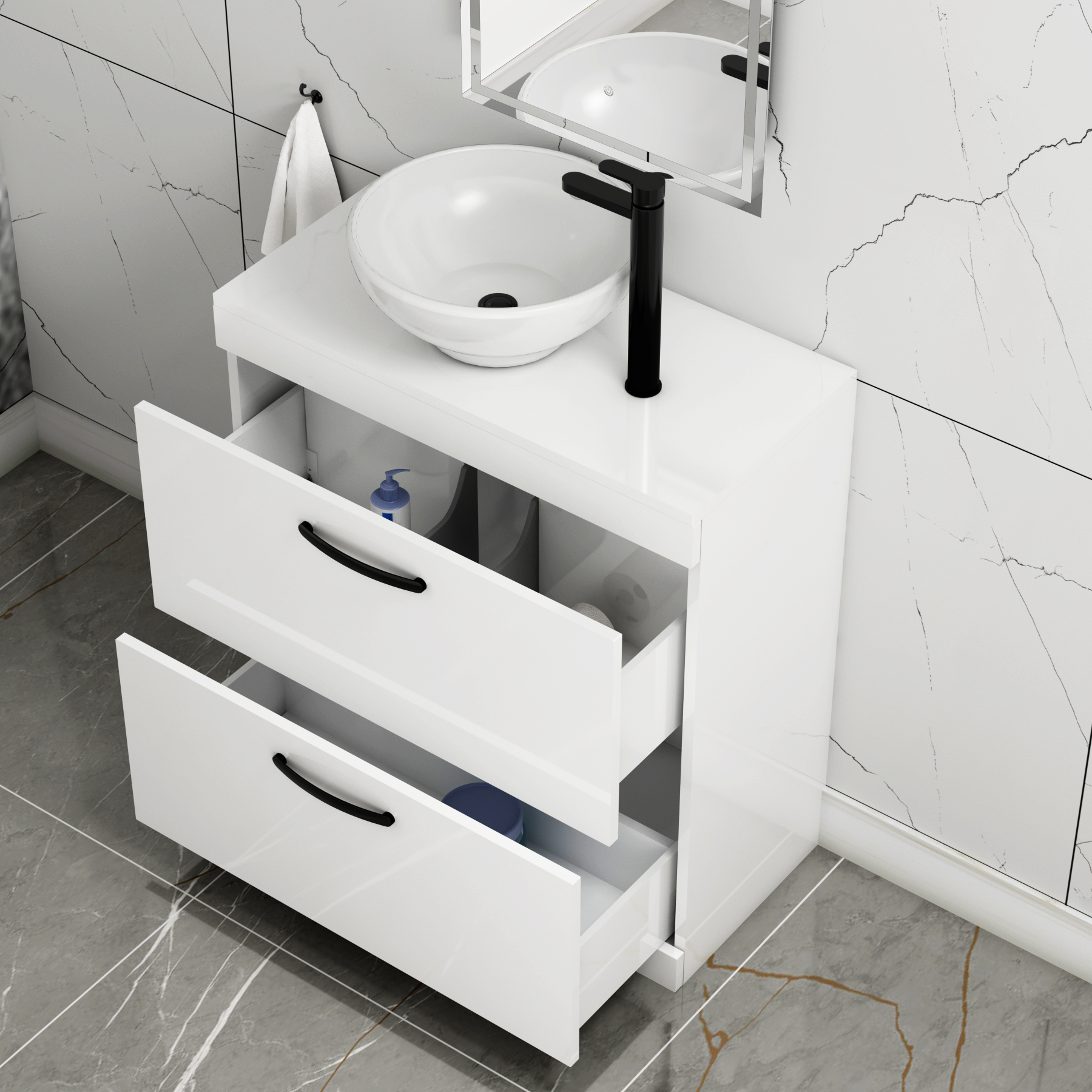 800mm Floor Standing Vanity Unit 2 Drawer Gloss White & Countertop Basin - Breeze with Matt Black Handle