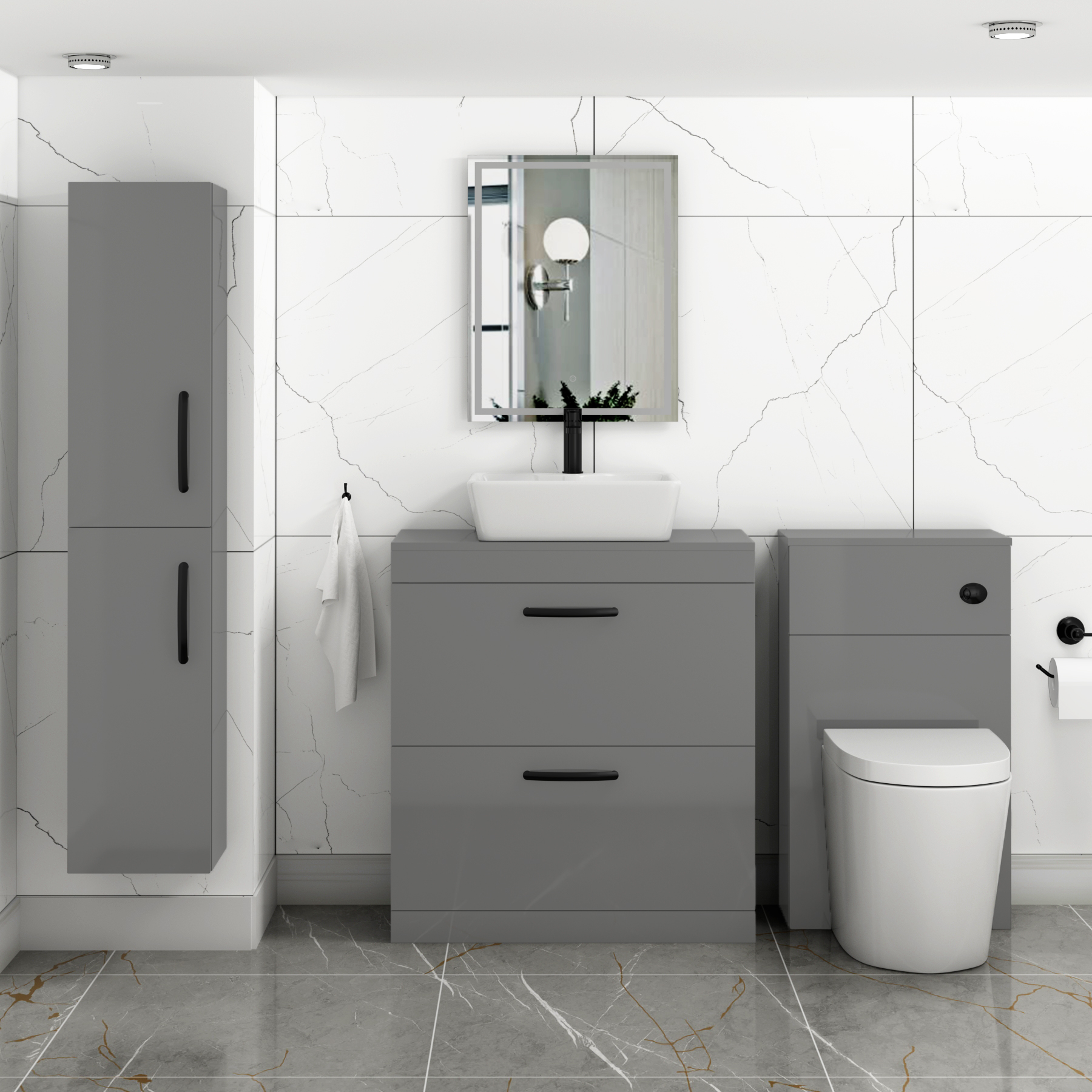 800mm Floor Standing Vanity Unit 2 Drawer Indigo Grey Gloss & Countertop Basin - Cube with Matt Black Handle