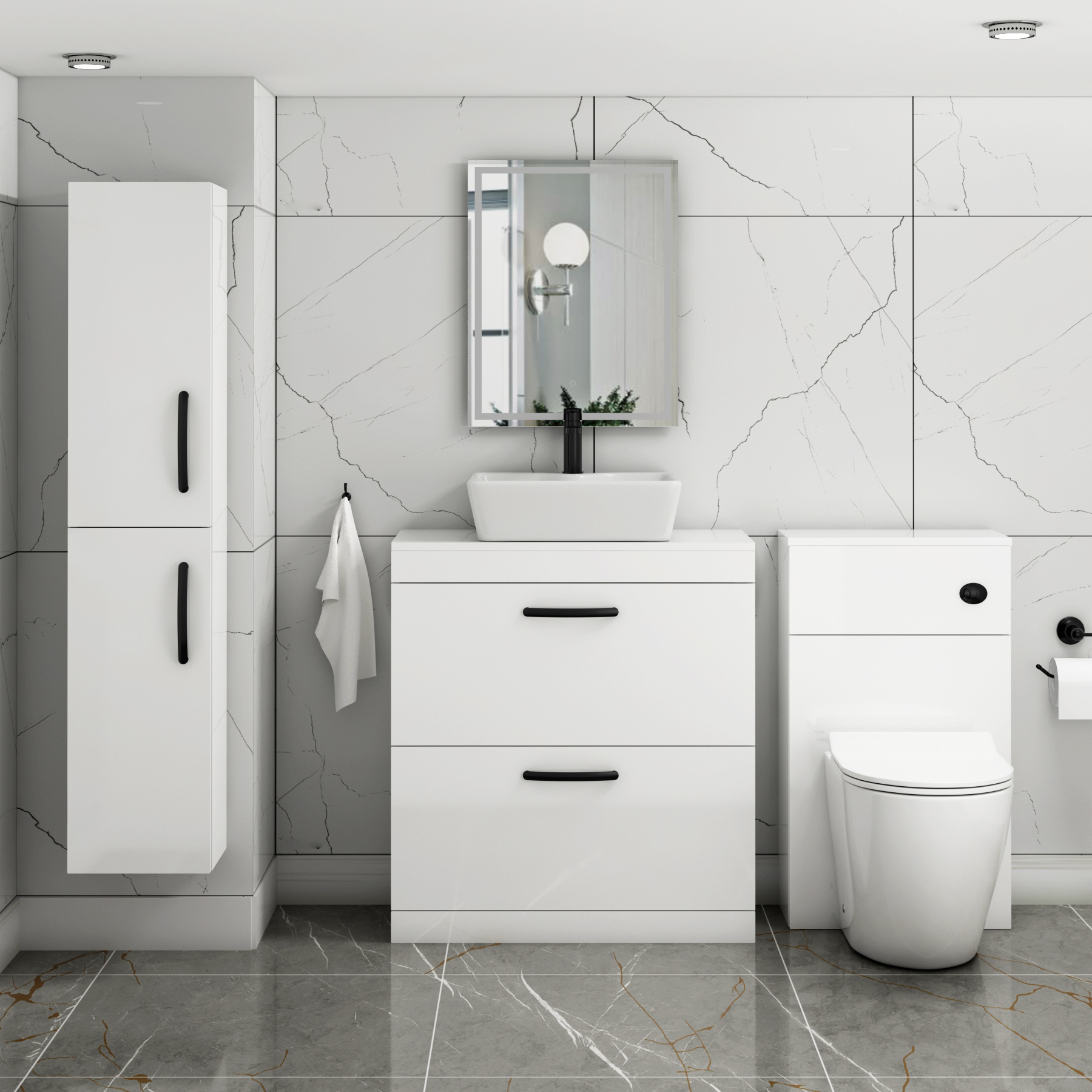 800mm Floor Standing Vanity Unit 2 Drawer Gloss White & Countertop Basin - Cube with Matt Black Handle