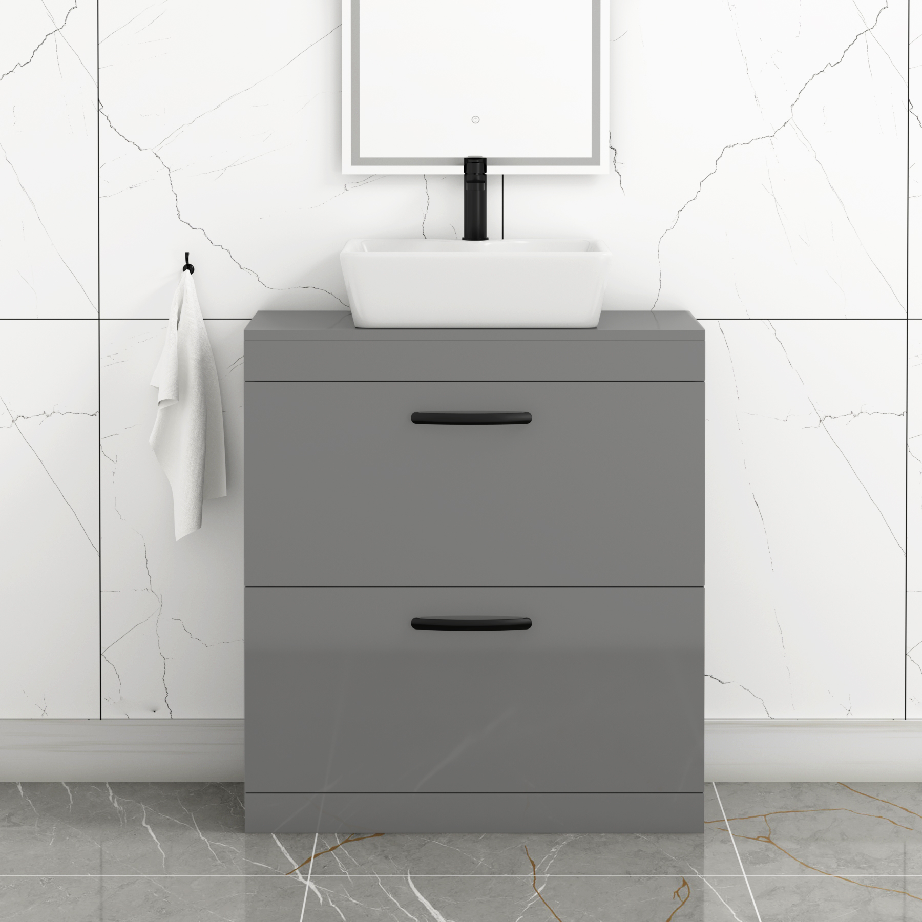 800mm Floor Standing Vanity Unit 2 Drawer Indigo Grey Gloss & Countertop Basin - Cube with Matt Black Handle