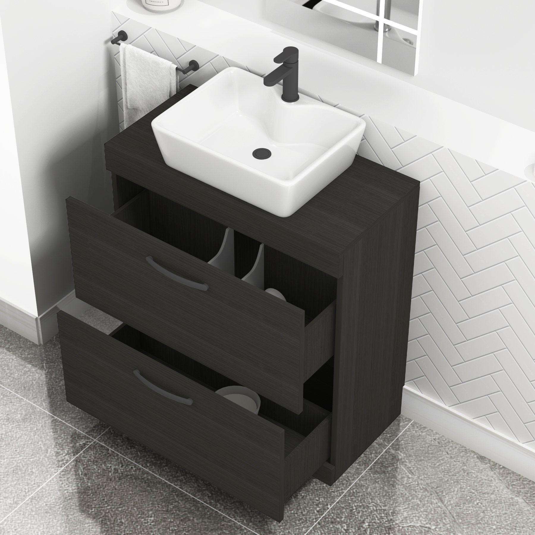 800mm Hale Black 2 Drawer Free Standing Bathroom Vanity Unit with Basin & Cube Countertop Sink with Matt Black Handle