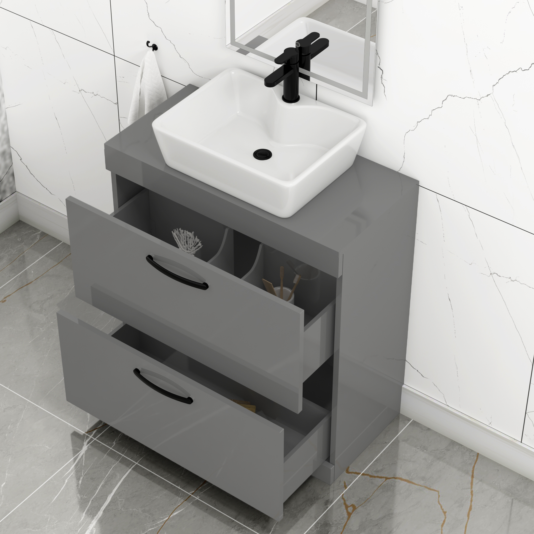 800mm Floor Standing Vanity Unit 2 Drawer Indigo Grey Gloss & Countertop Basin - Cube with Matt Black Handle