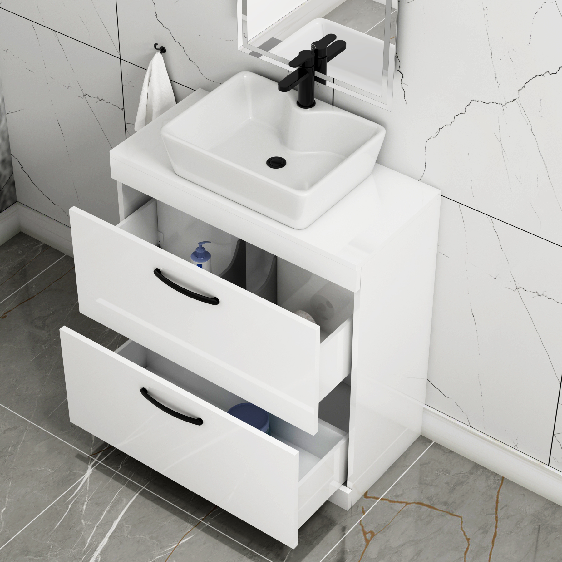 800mm Floor Standing Vanity Unit 2 Drawer Gloss White & Countertop Basin - Cube with Matt Black Handle
