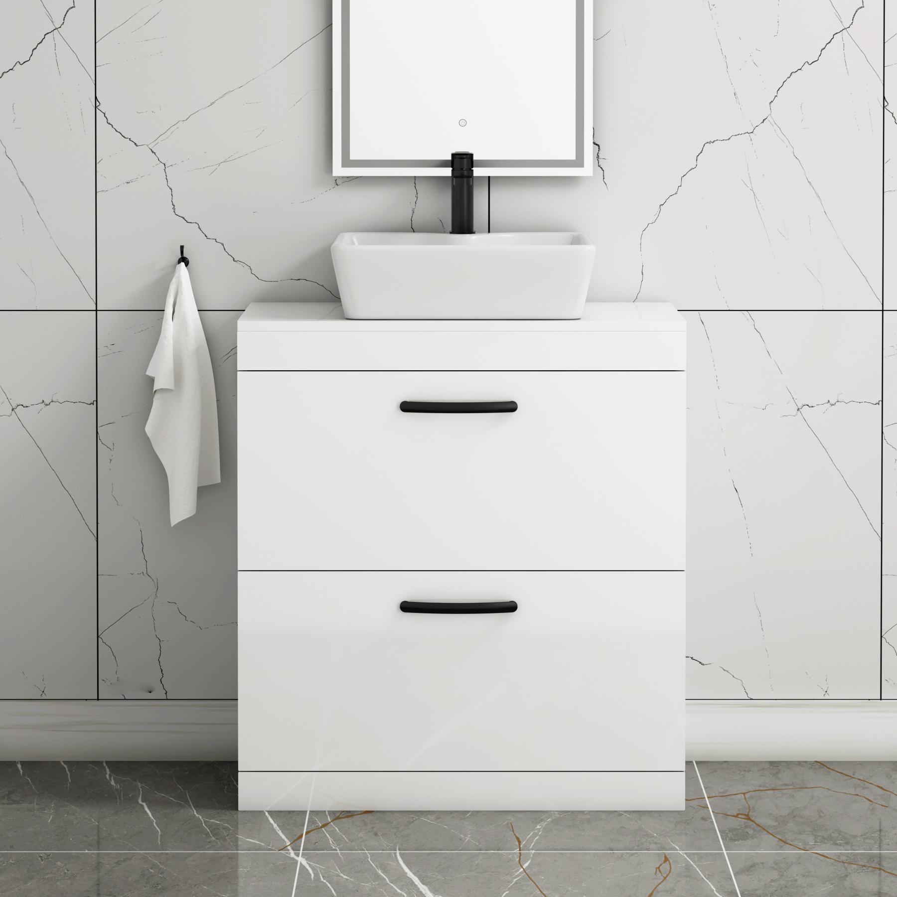 800mm Floor Standing Vanity Unit 2 Drawer Gloss White & Countertop Basin - Cube with Matt Black Handle