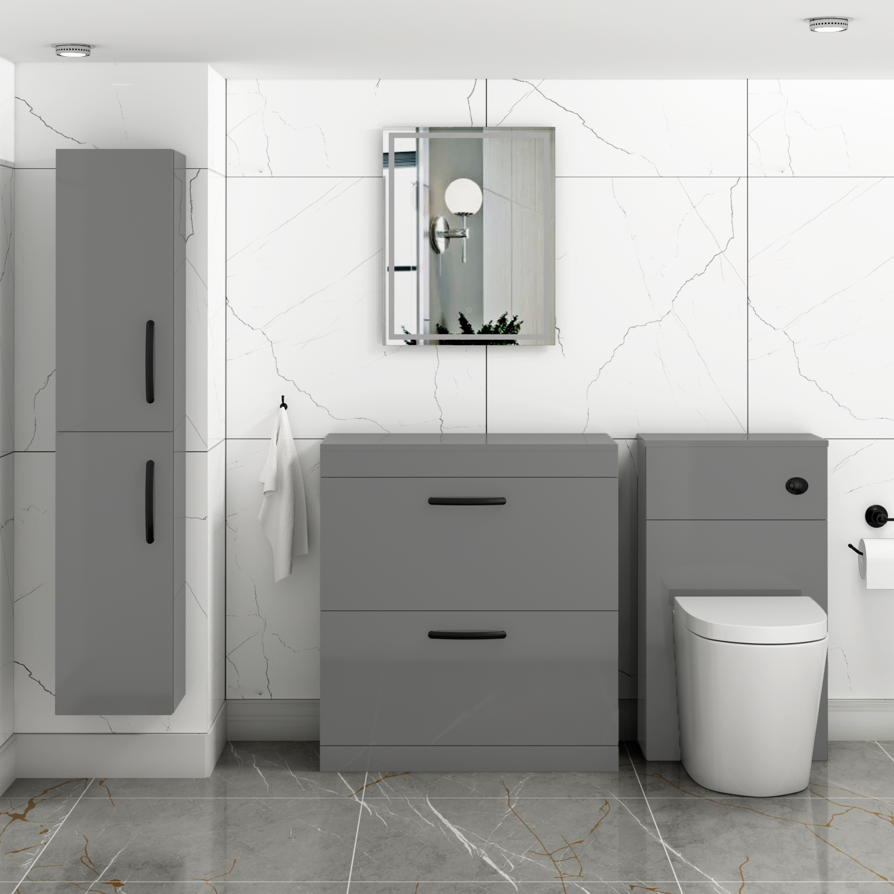  Turin 800mm Indigo Grey Gloss Floor Standing Worktop Vanity Unit - 2 Drawer with Matt Black Handle