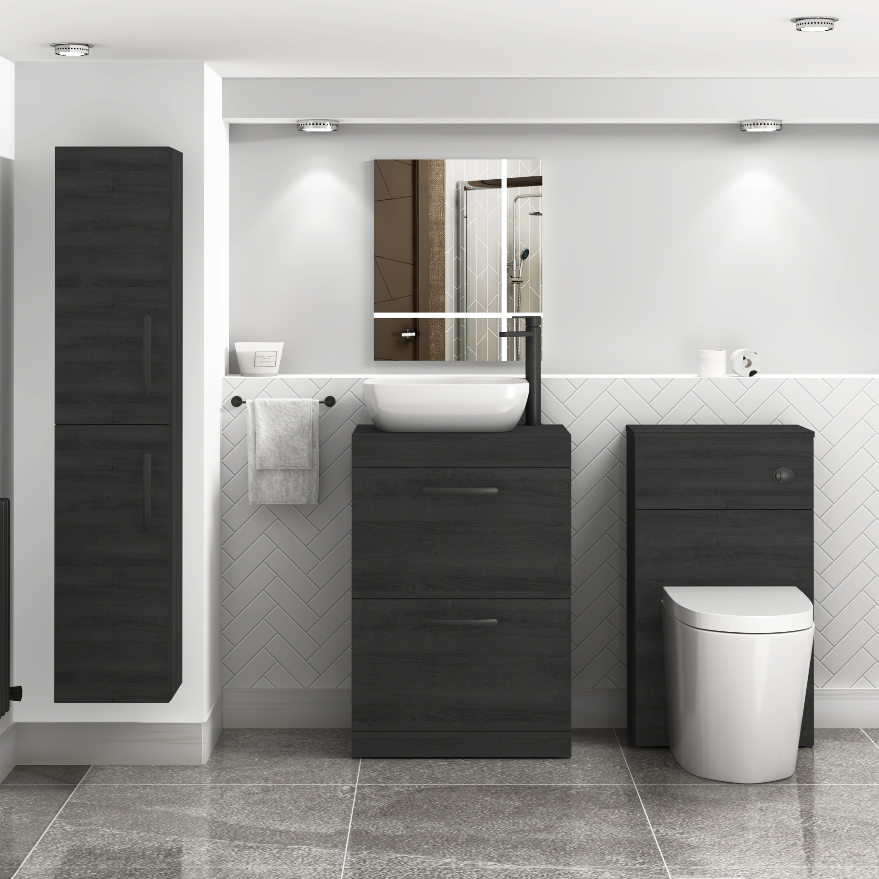 600mm Floor Standing Vanity Unit 2 Drawer Hale Black & Countertop Basin - Elva with Matt Black Handle