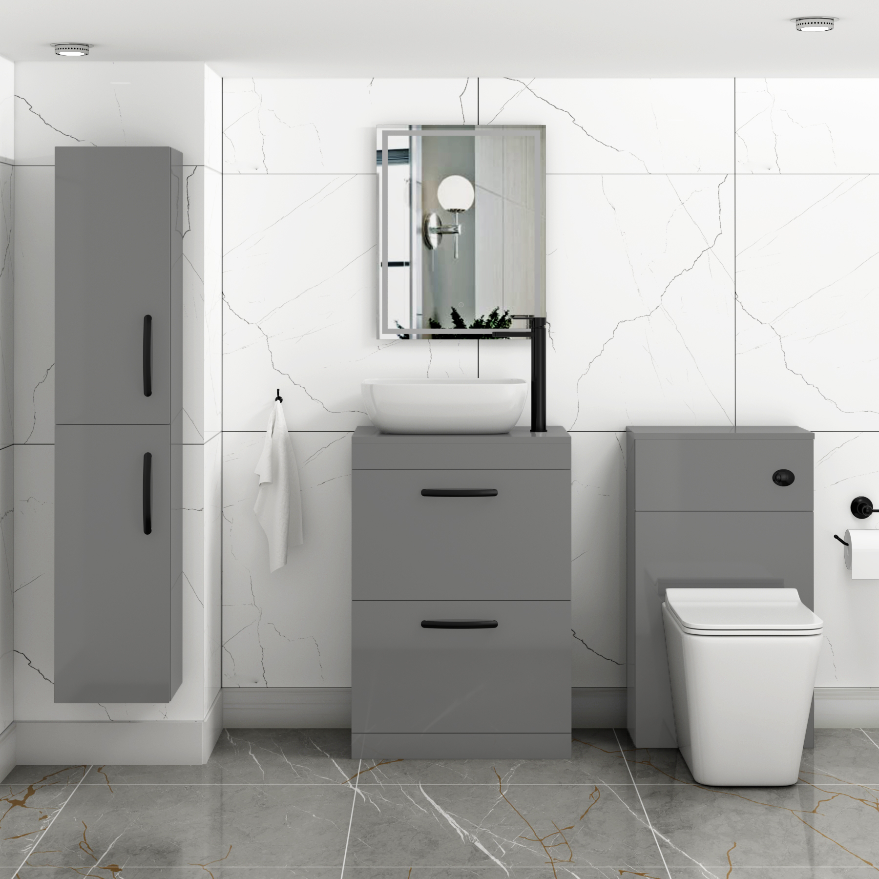 600mm Floor Standing Vanity Unit 2 Drawer Indigo Grey Gloss & Countertop Basin - Elva with Matt Black Handle