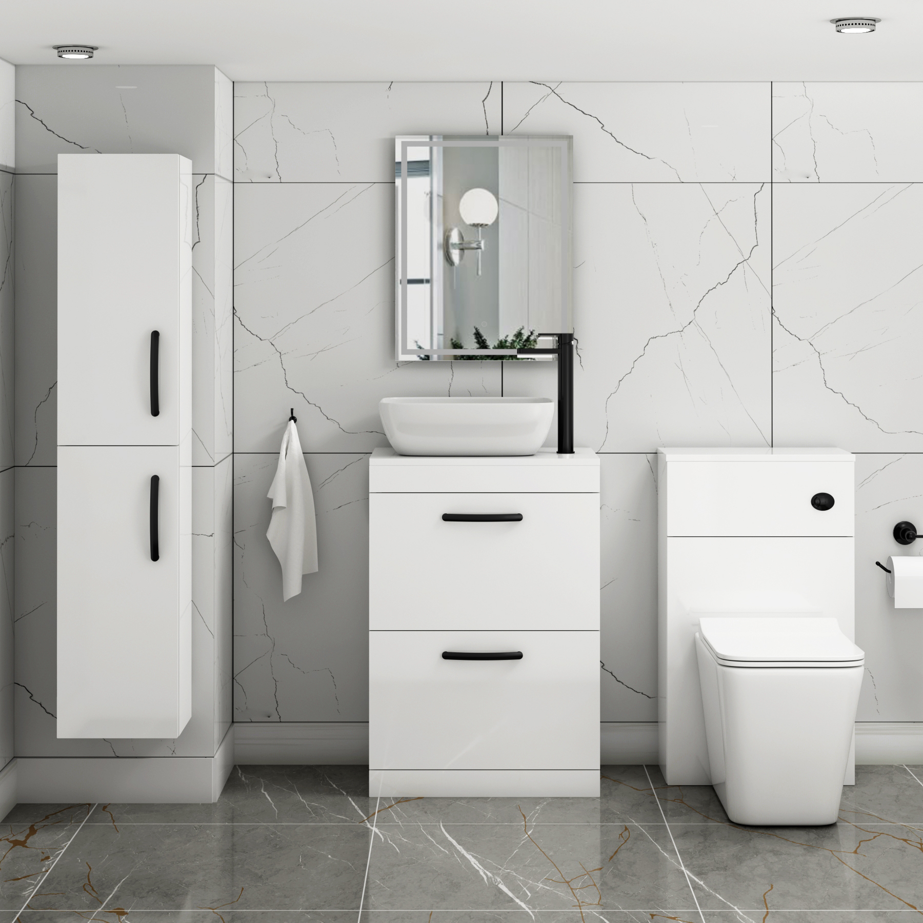 600mm Floor Standing Vanity Unit 2 Drawer Gloss White & Countertop Basin - Elva with Matt Black Handle