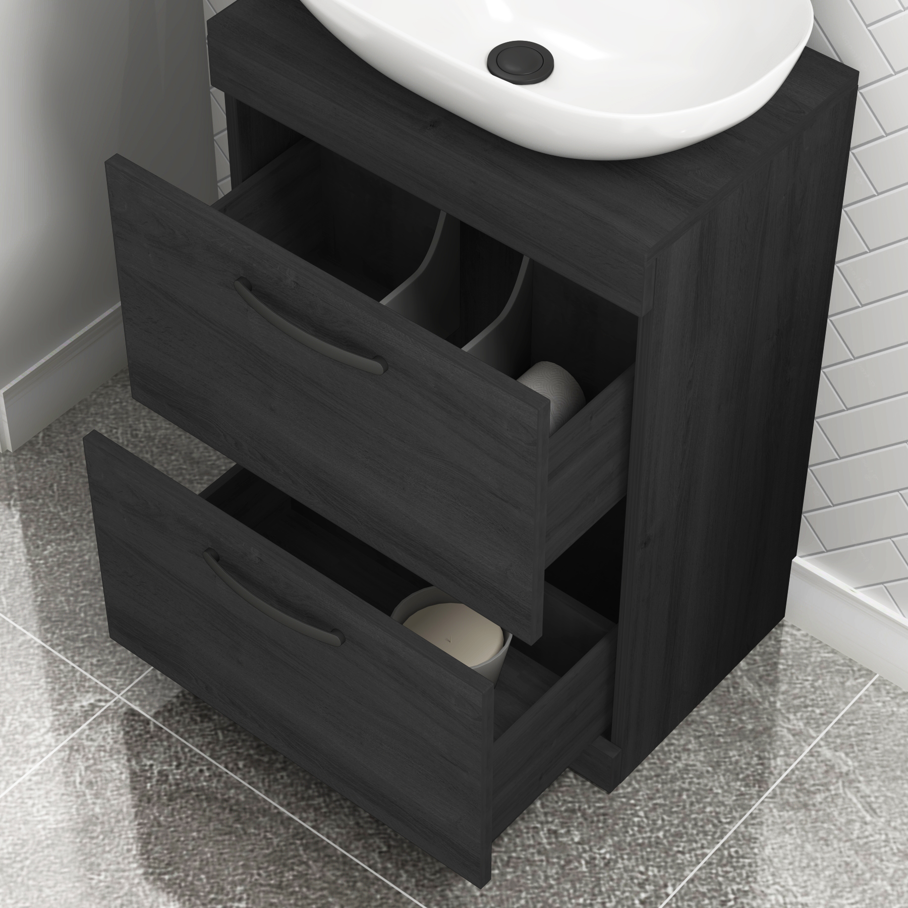 600mm Floor Standing Vanity Unit 2 Drawer Hale Black & Countertop Basin - Elva with Matt Black Handle