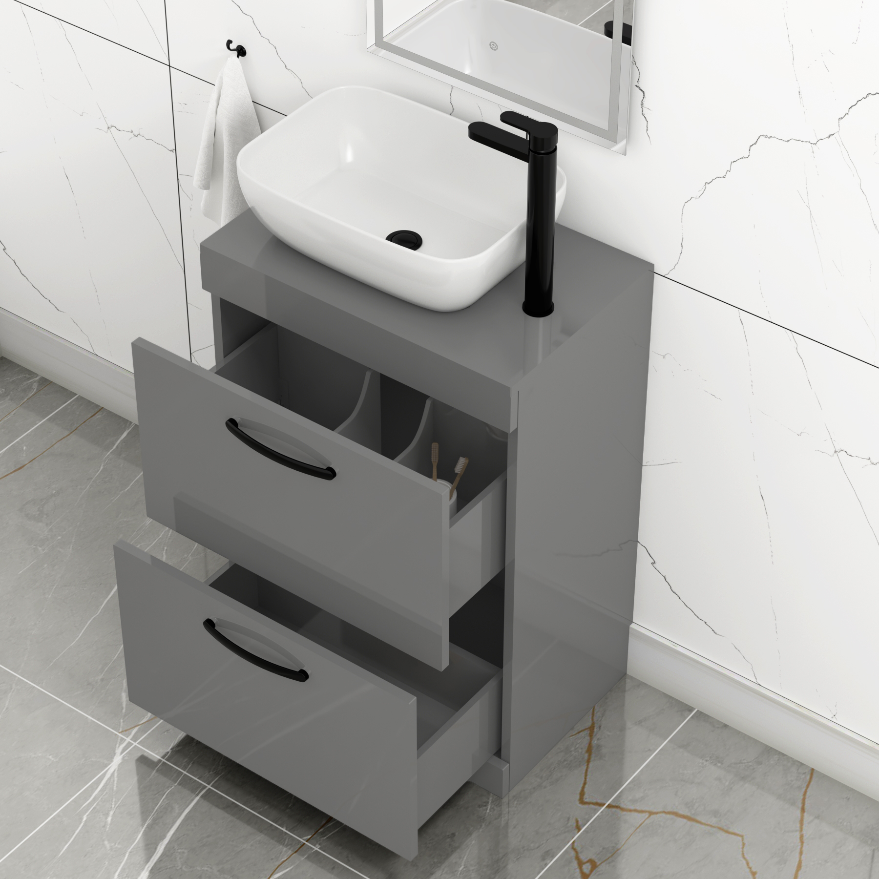 600mm Floor Standing Vanity Unit 2 Drawer Indigo Grey Gloss & Countertop Basin - Elva with Matt Black Handle
