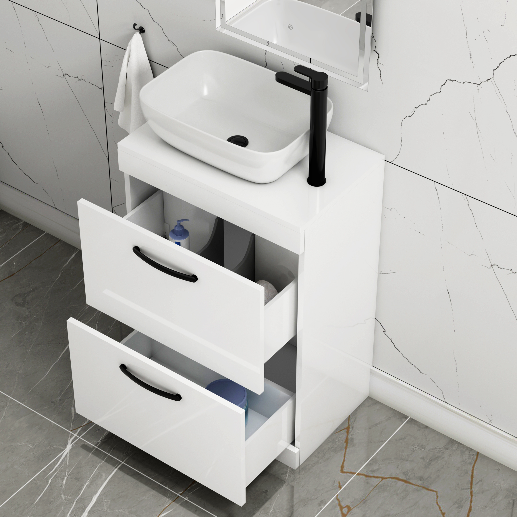 600mm Floor Standing Vanity Unit 2 Drawer Gloss White & Countertop Basin - Elva with Matt Black Handle
