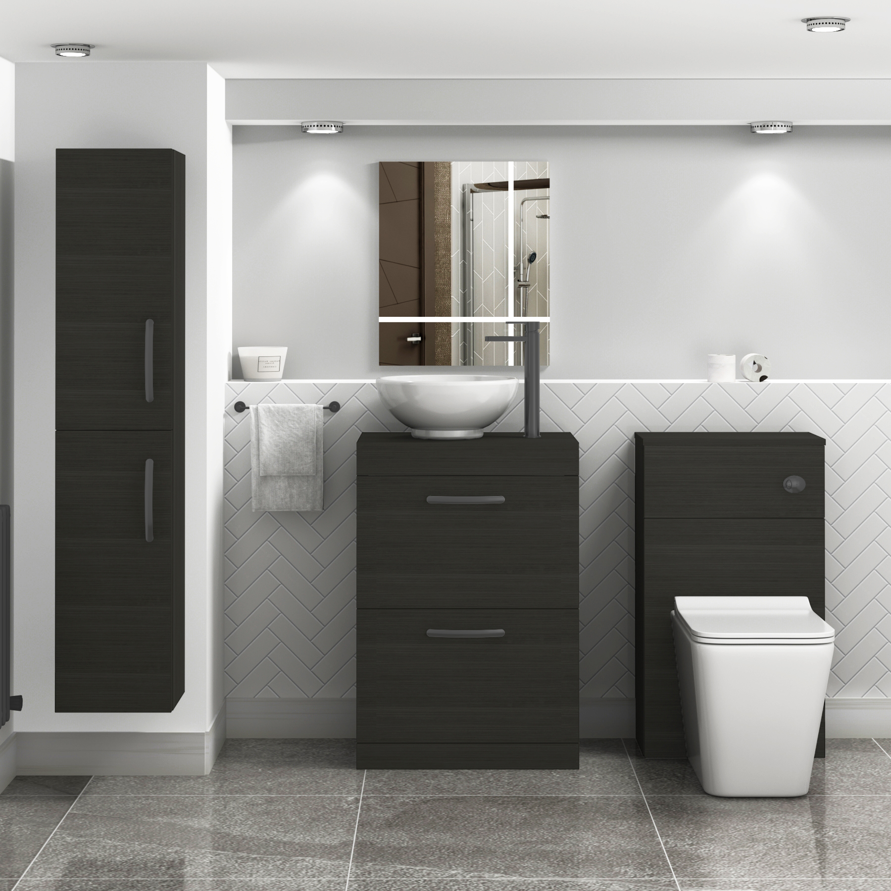 600mm Floor Standing Vanity Unit 2 Drawer Hale Black & Countertop Basin - Breeze with Matt Black Handle