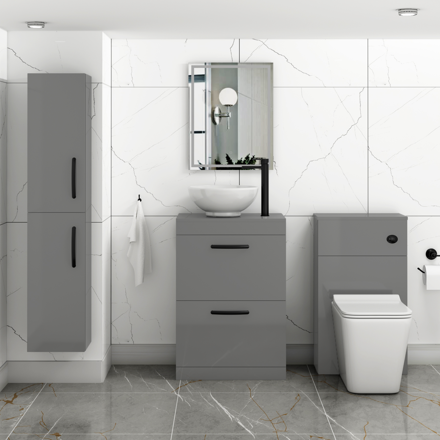 600mm Floor Standing Vanity Unit 2 Drawer Indigo Grey Gloss & Countertop Basin - Breeze with Matt Black Handle