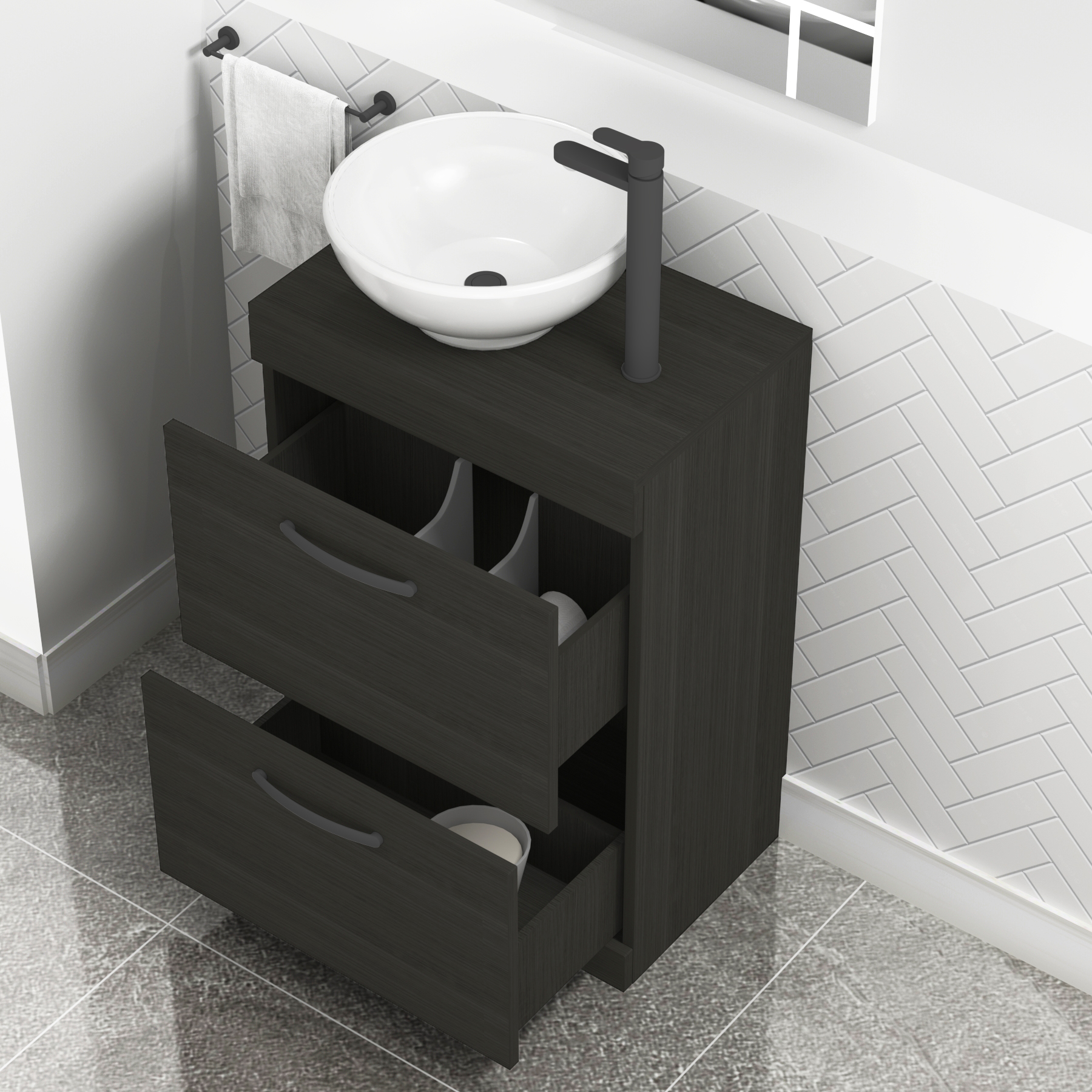 600mm Floor Standing Vanity Unit 2 Drawer Hale Black & Countertop Basin - Breeze with Matt Black Handle