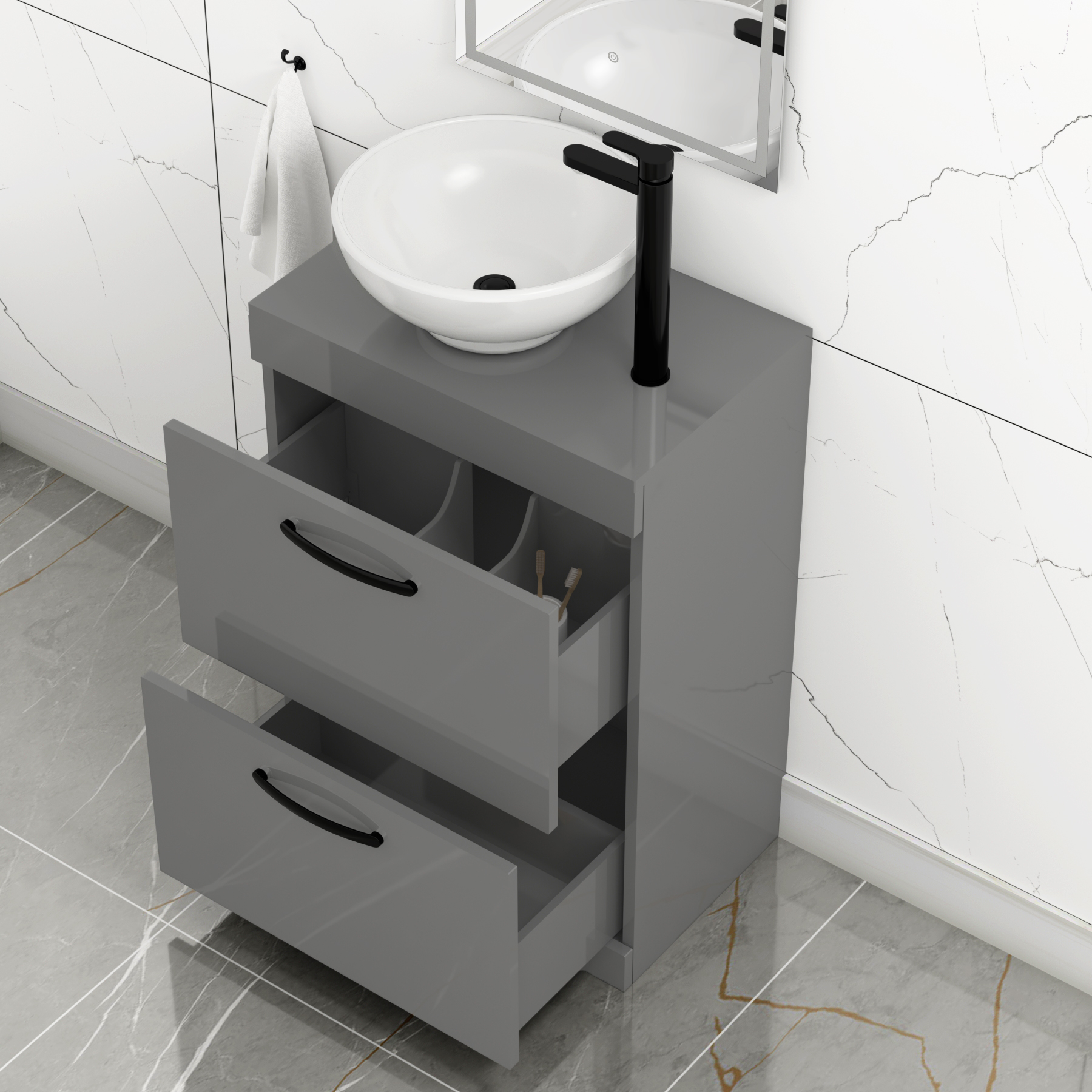600mm Floor Standing Vanity Unit 2 Drawer Indigo Grey Gloss & Countertop Basin - Breeze with Matt Black Handle