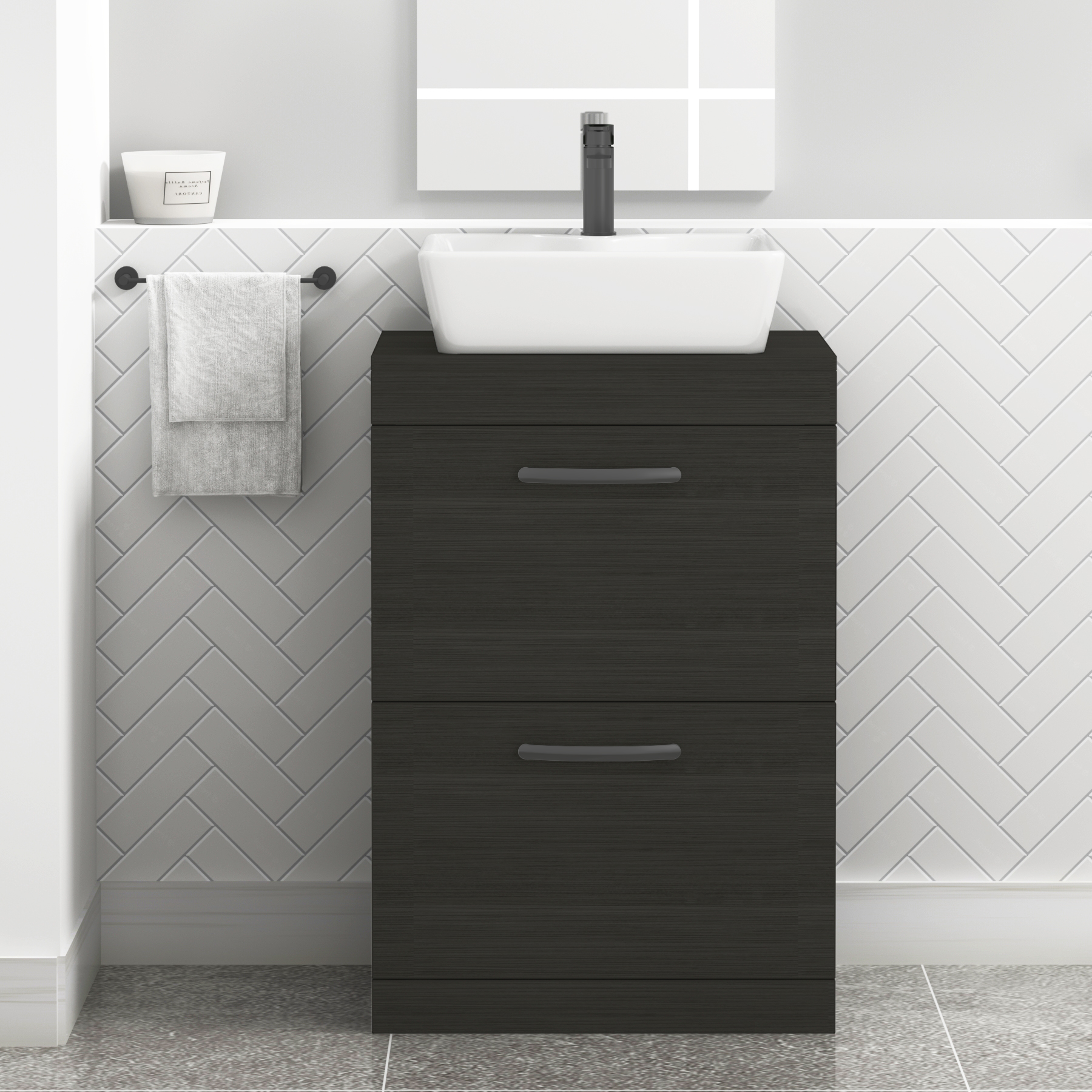 600mm Floor Standing Vanity Unit 2 Drawer Hale Black & Countertop Basin - Cube with Matt Black Handle