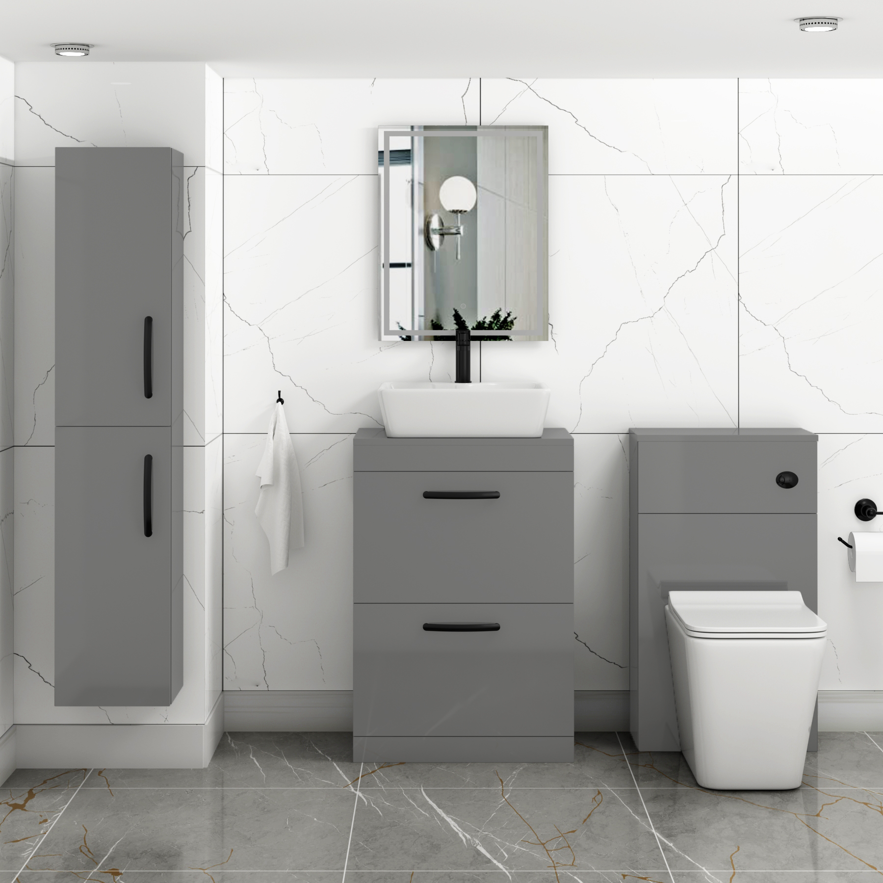 600mm Floor Standing Vanity Unit 2 Drawer Indigo Grey Gloss & Countertop Basin - Cube with Matt Black Handle