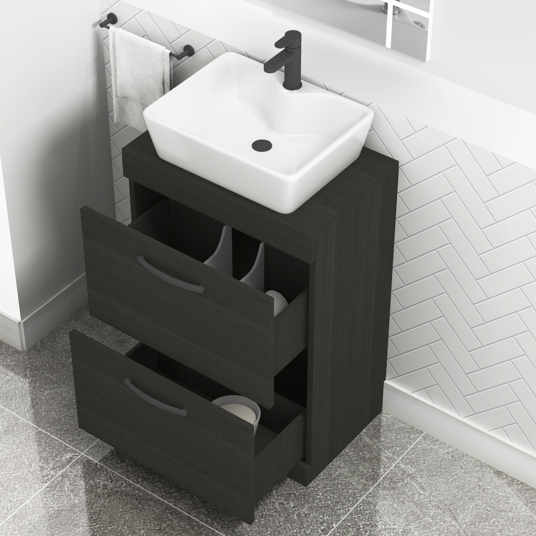 600mm Floor Standing Vanity Unit 2 Drawer Hale Black & Countertop Basin - Cube with Matt Black Handle