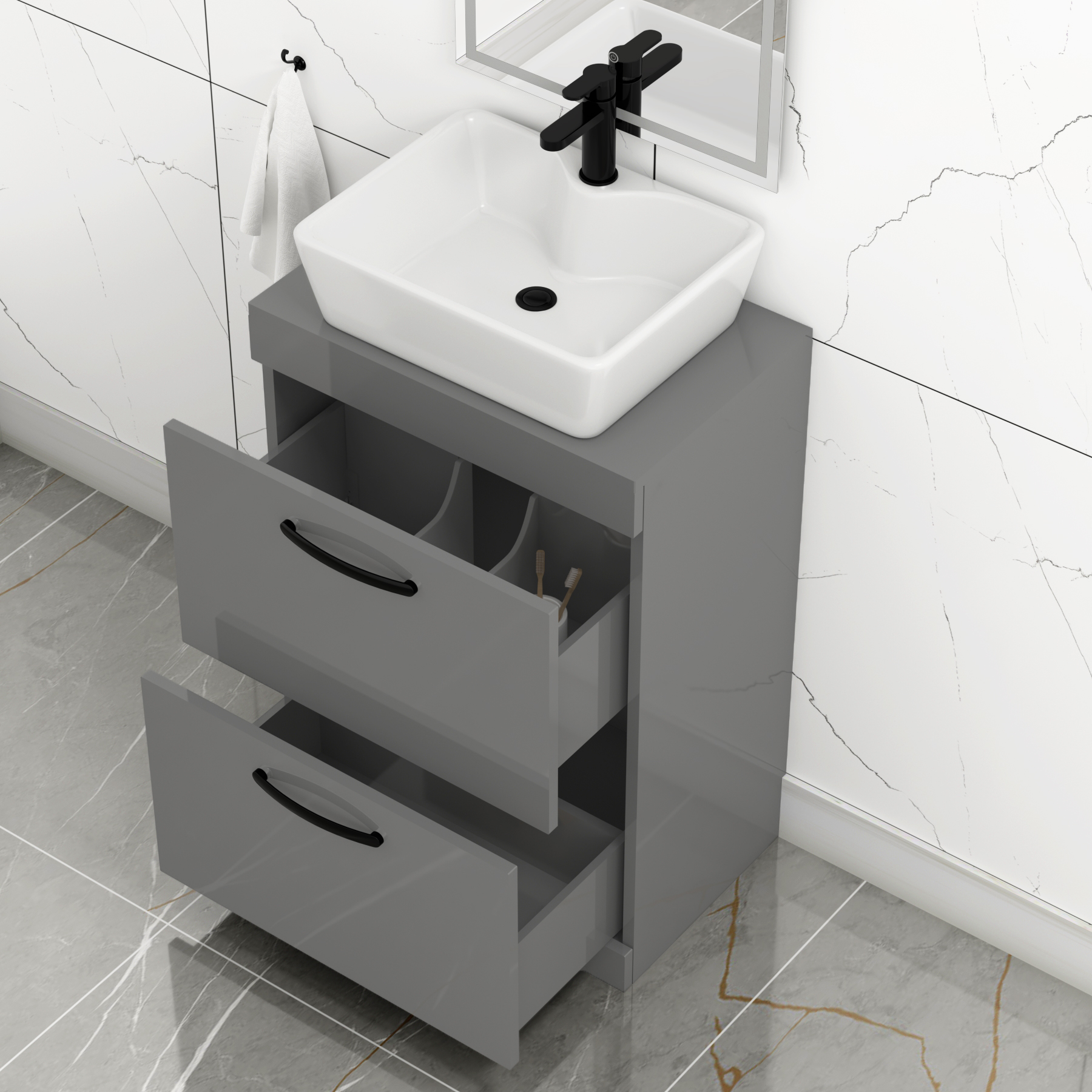 600mm Floor Standing Vanity Unit 2 Drawer Indigo Grey Gloss & Countertop Basin - Cube with Matt Black Handle