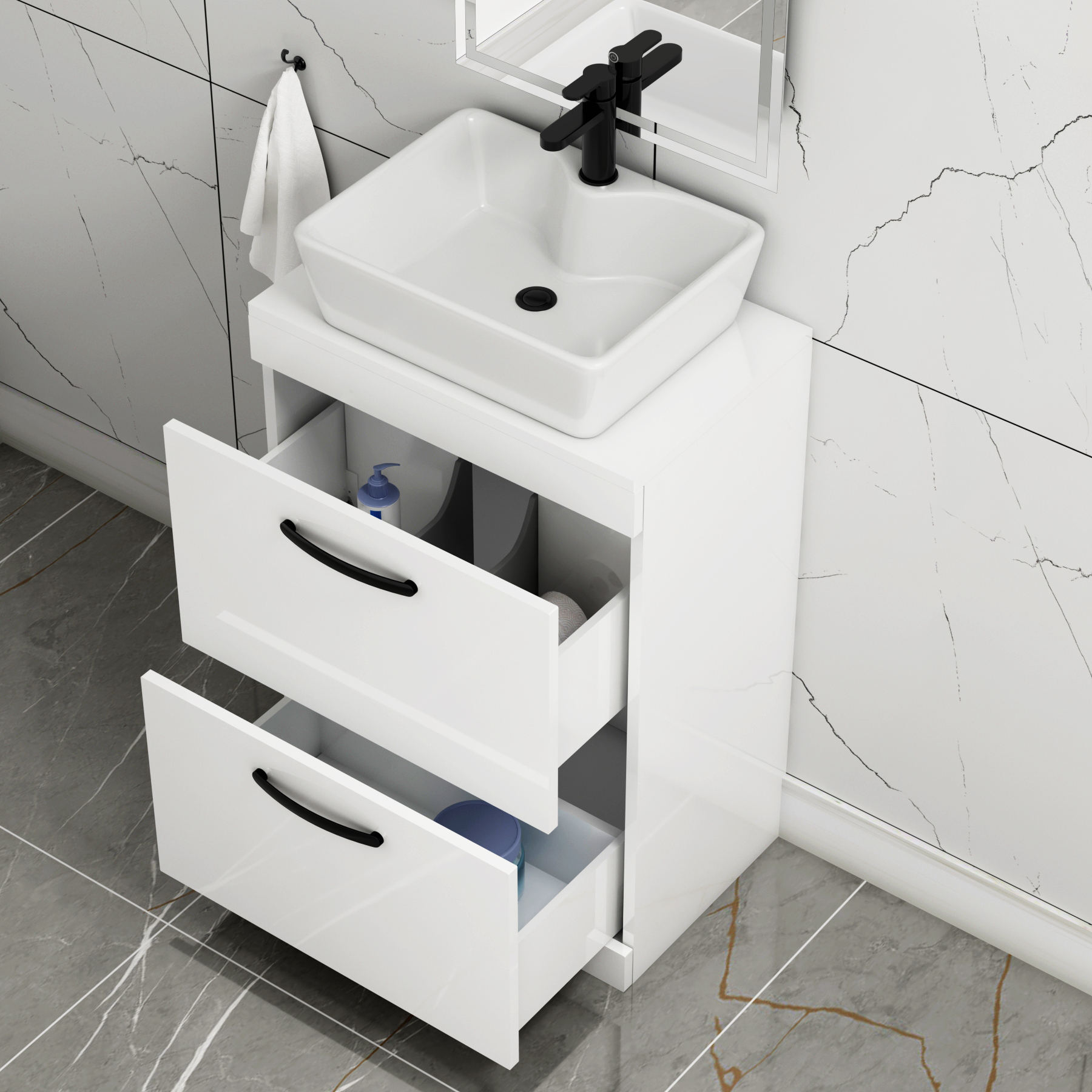 600mm Floor Standing Vanity Unit 2 Drawer Gloss White & Countertop Basin - Cube with Matt Black Handle