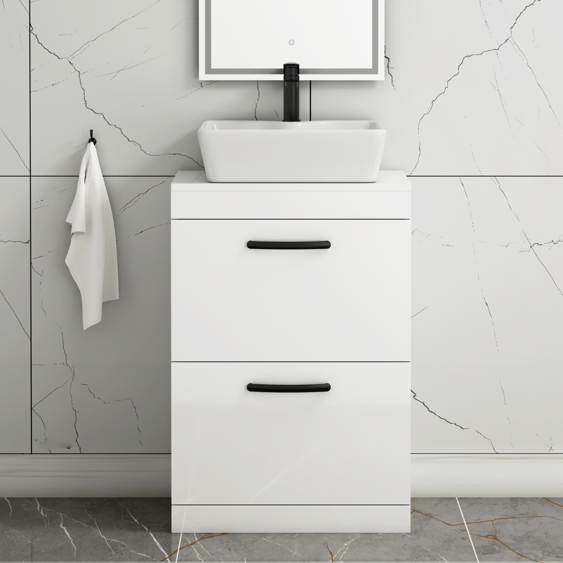 600mm Floor Standing Vanity Unit 2 Drawer Gloss White & Countertop Basin - Cube with Matt Black Handle