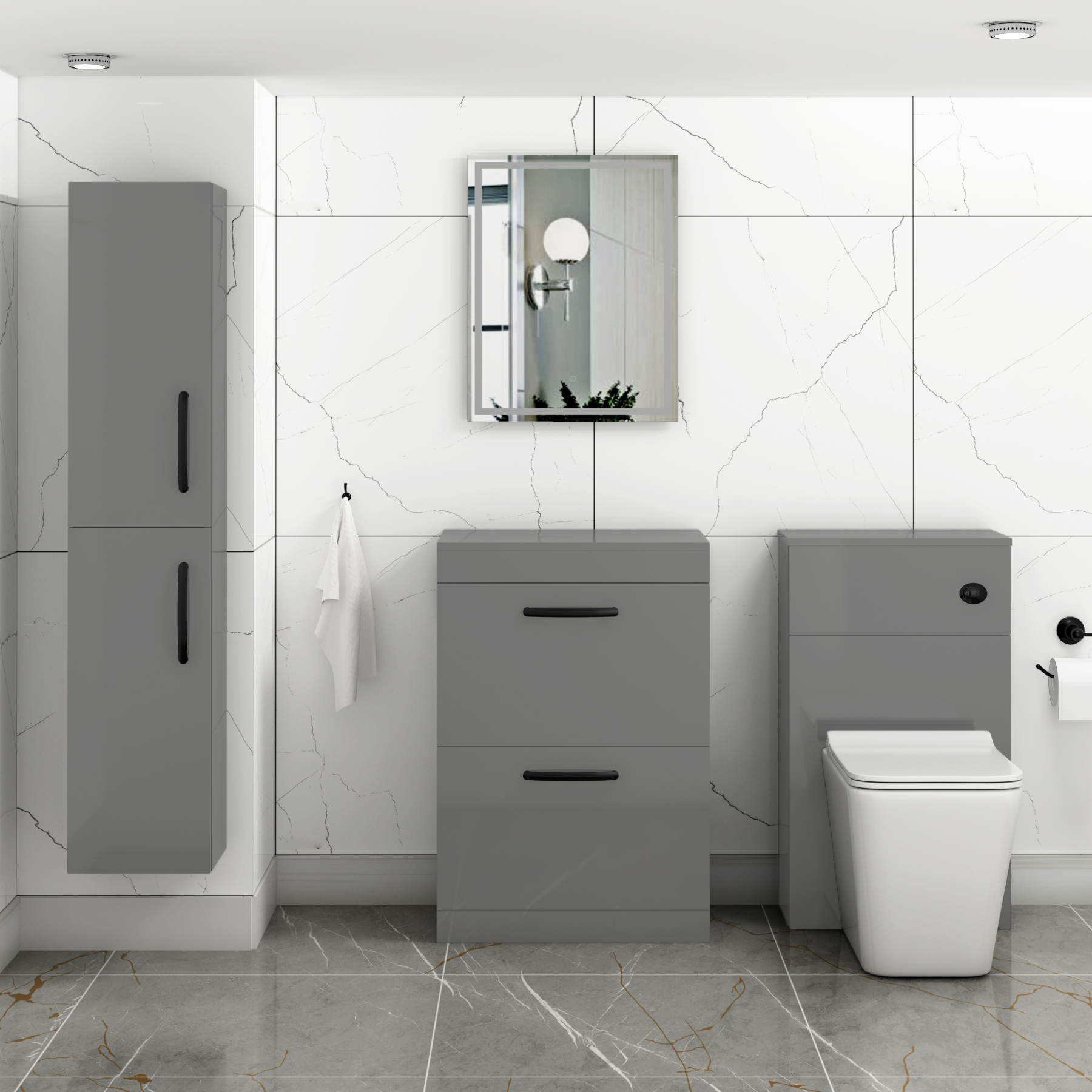  Turin 600mm Indigo Grey Gloss Floor Standing Worktop Vanity Unit - 2 Drawer with Matt Black Handle