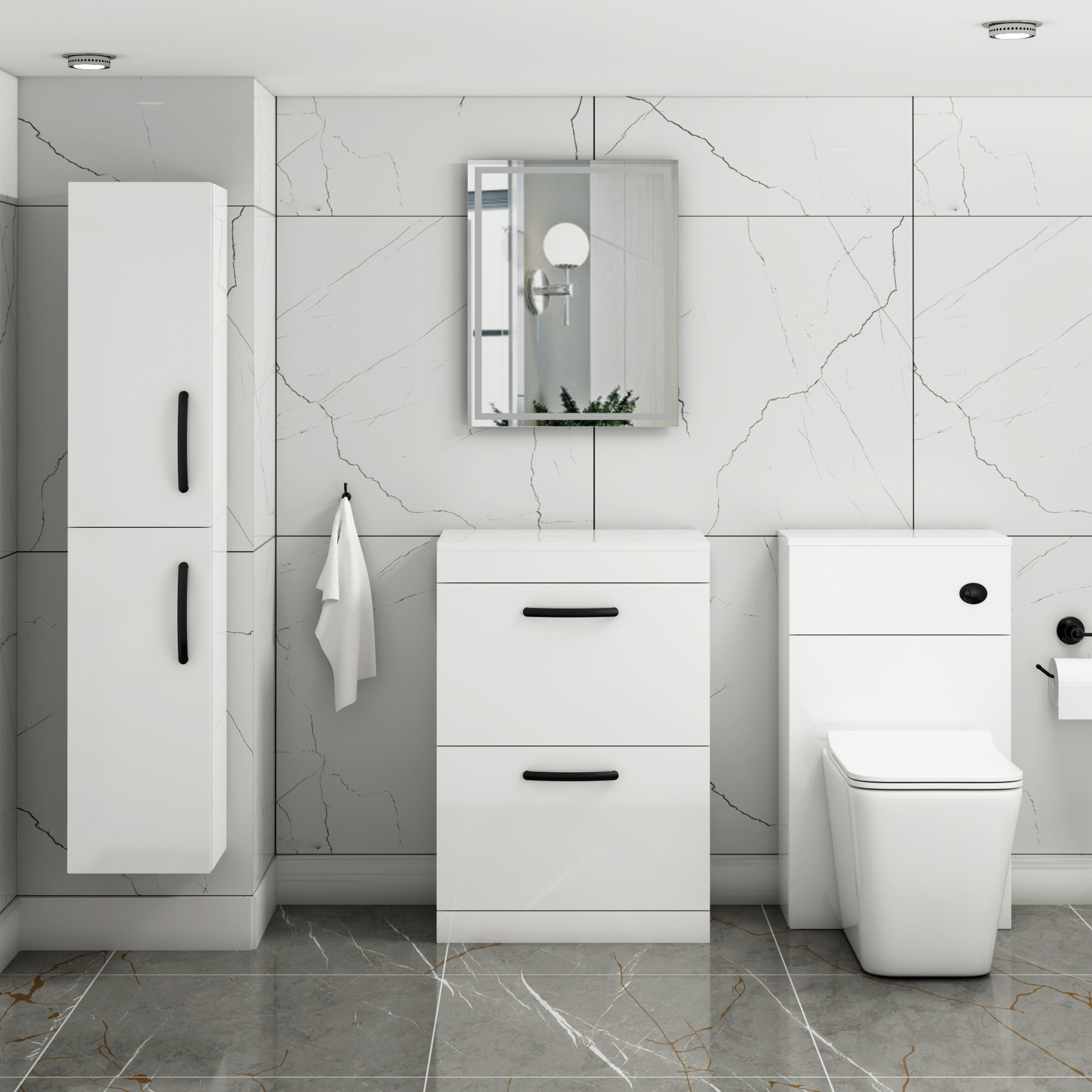  Turin 600mm Gloss White Floor Standing Worktop Vanity Unit - 2 Drawer with Matt Black Handle
