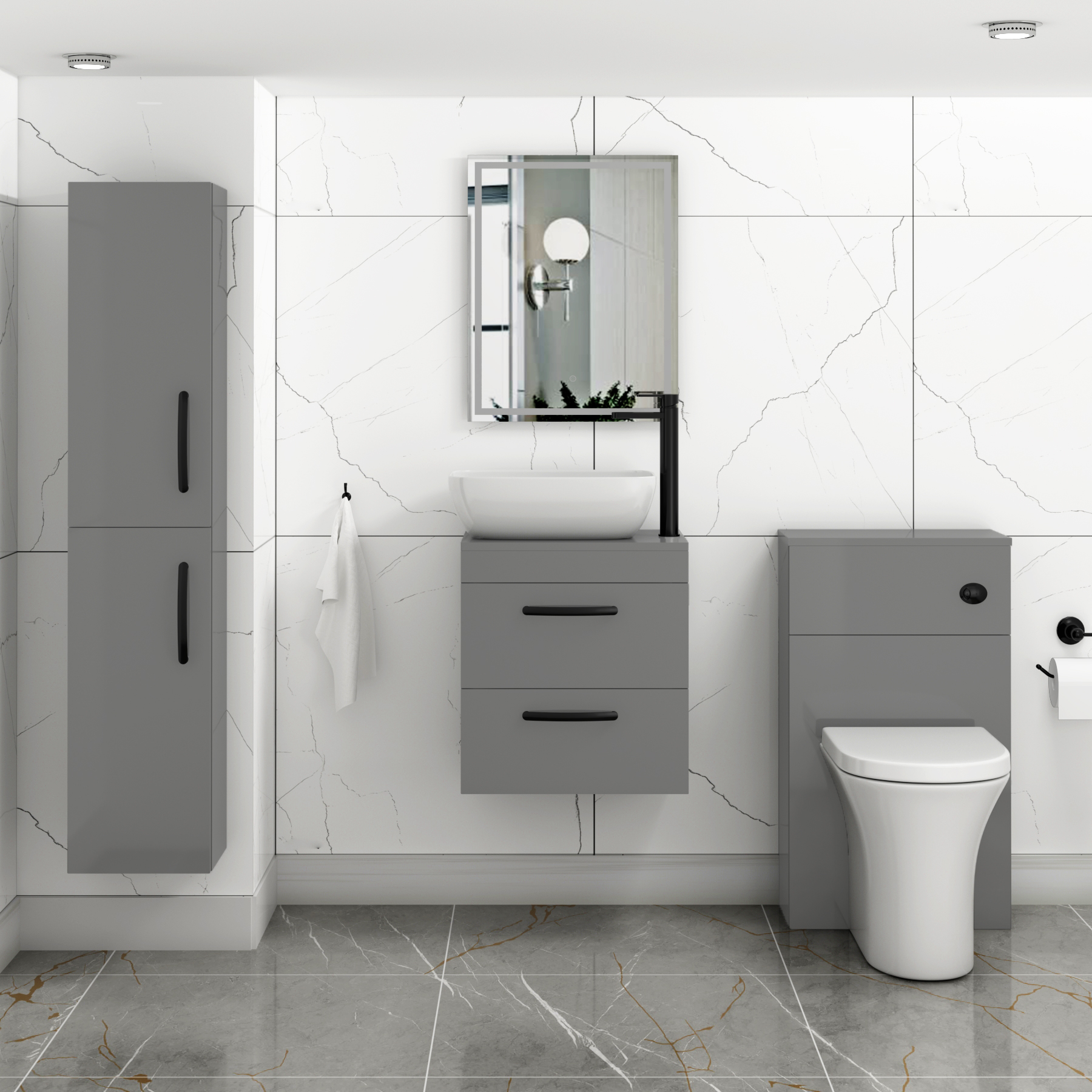 500mm Wall Hung Vanity Unit 2 Drawer Indigo Grey Gloss & Elva Countertop Basin with Matt Black Handle