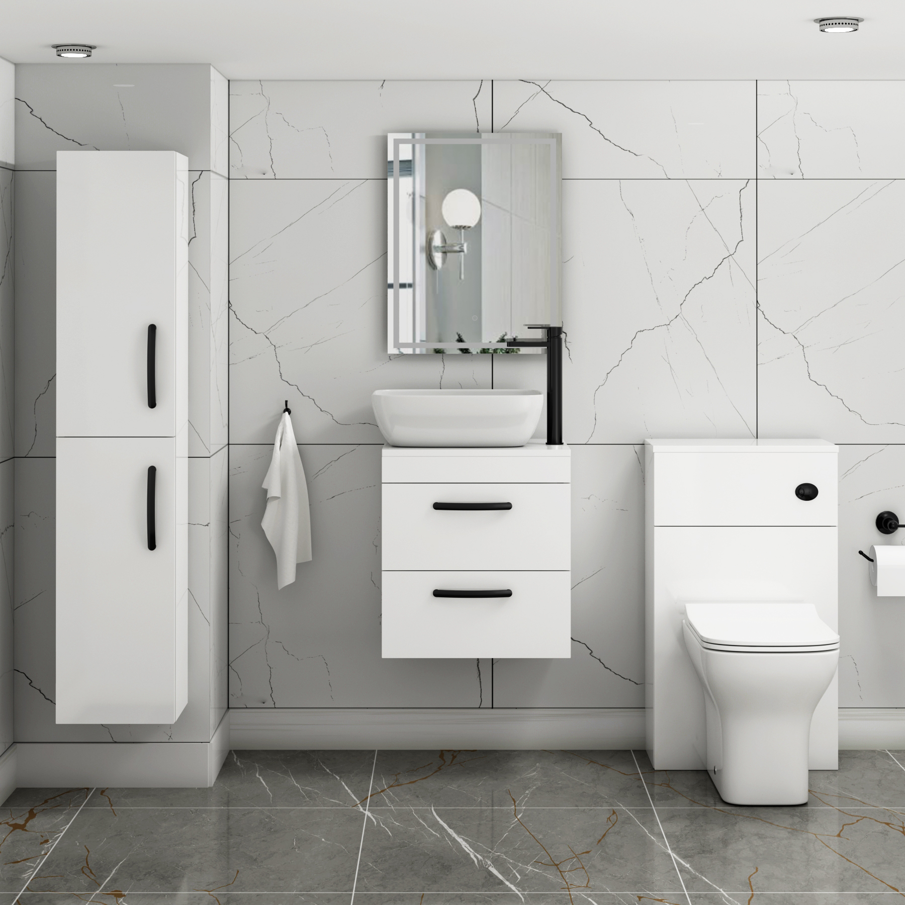 500mm Wall Hung Vanity Unit 2 Drawer Gloss White & Elva Countertop Basin with Matt Black Handle