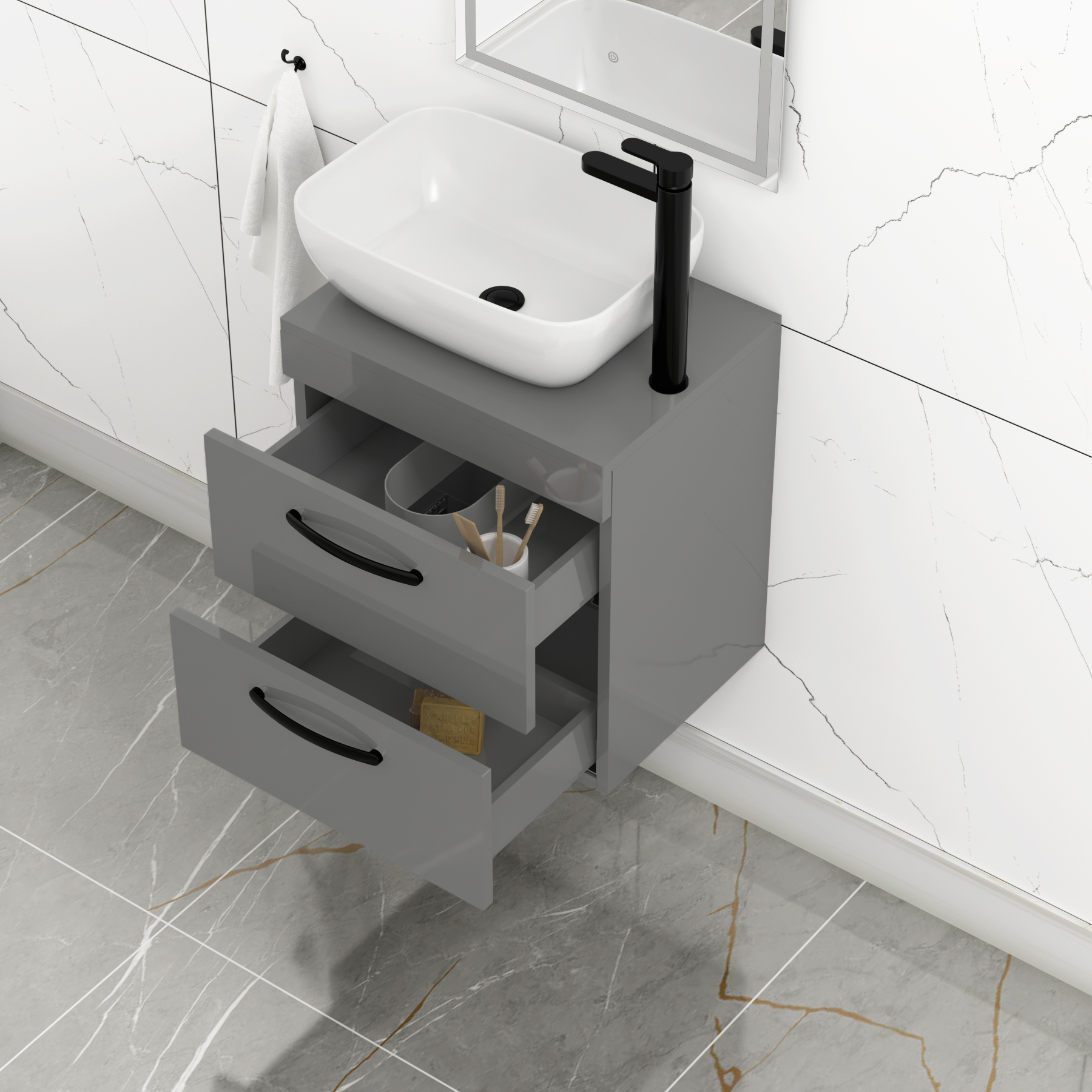 500mm Wall Hung Vanity Unit 2 Drawer Indigo Grey Gloss & Elva Countertop Basin with Matt Black Handle