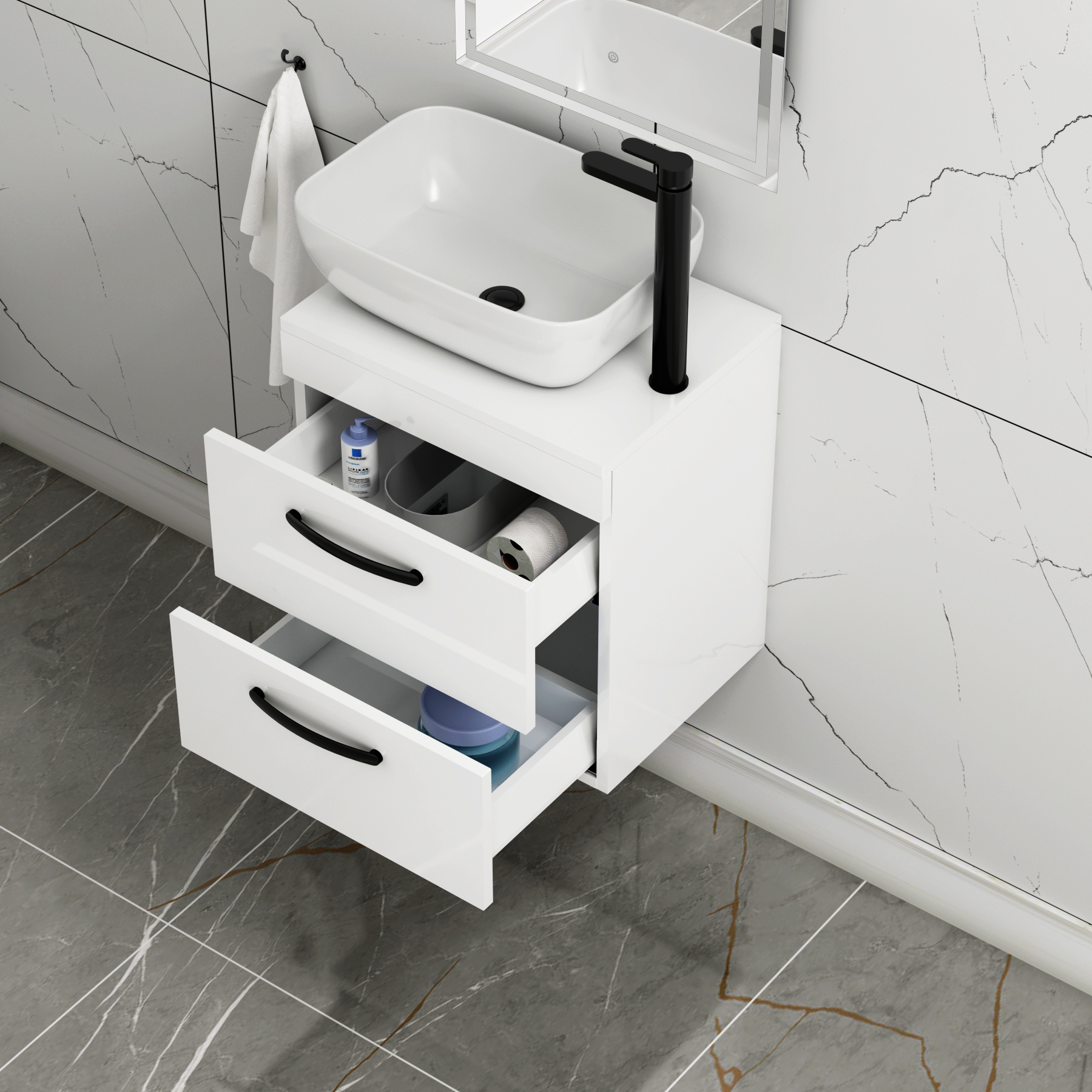 500mm Wall Hung Vanity Unit 2 Drawer Gloss White & Elva Countertop Basin with Matt Black Handle