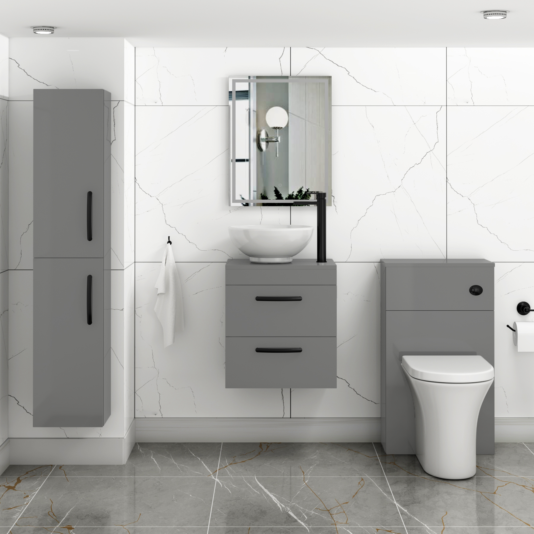 500mm Wall Hung Vanity Unit 2 Drawer Indigo Grey Gloss & Breeze Countertop Basin with Matt Black Handle