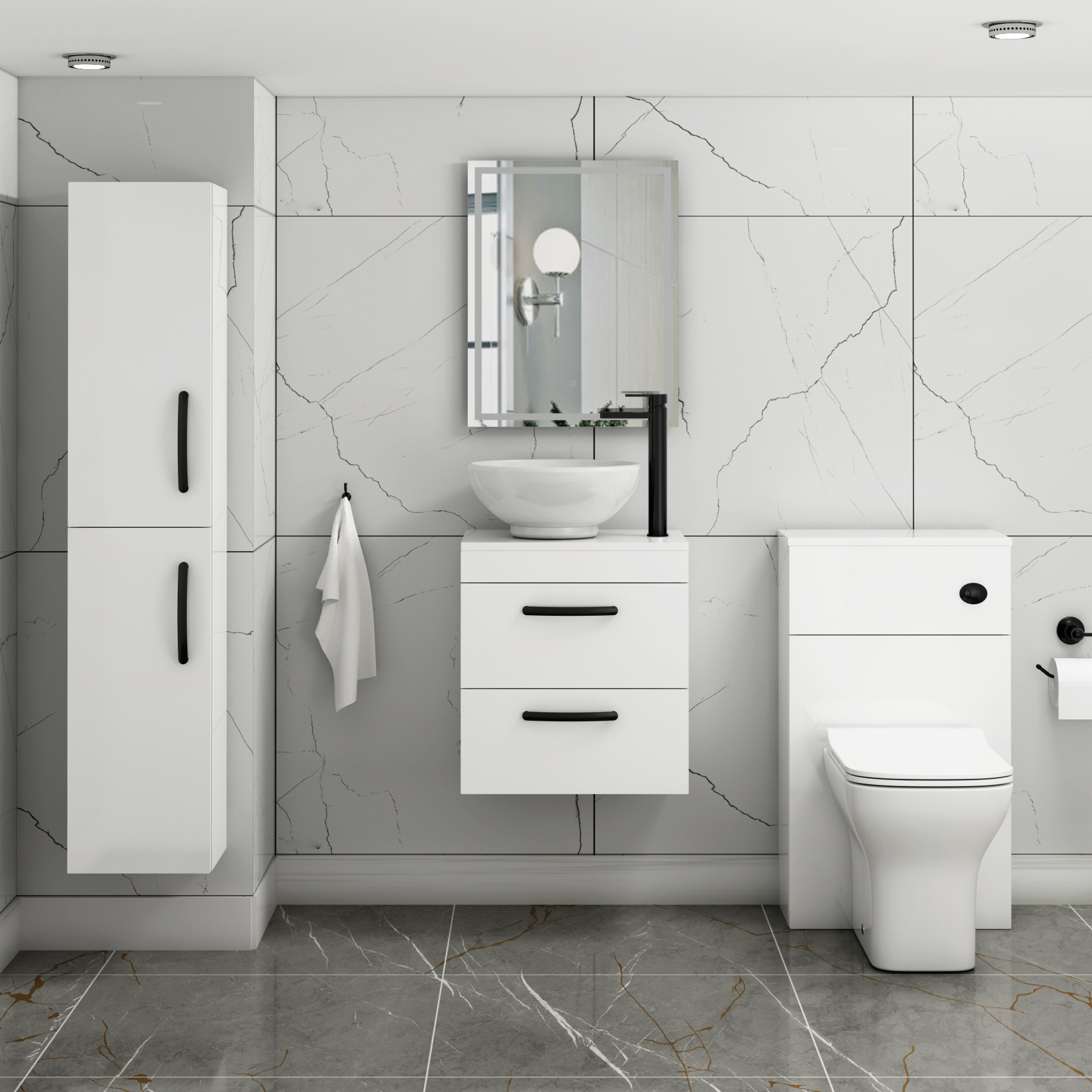 500mm Wall Hung Vanity Unit 2 Drawer Gloss White & Breeze Countertop Basin with Matt Black Handle